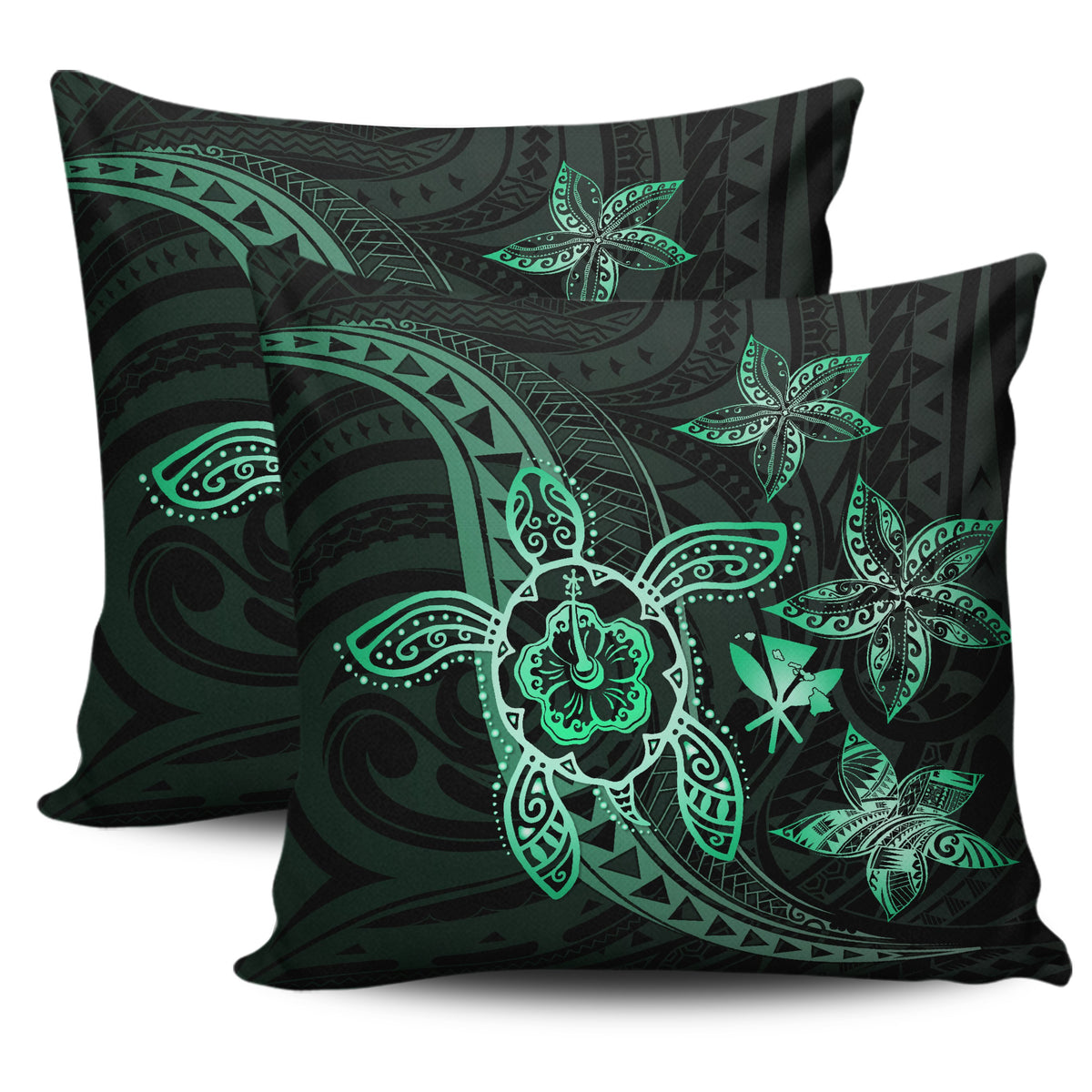 Kanaka Map Hibiscus Plumeria Turtle Polynesian Pillow Covers Turquoise One Size Zippered Pillow Cases 18"x 18" (Twin Sides) (Set of 2) Turquoise - Polynesian Pride