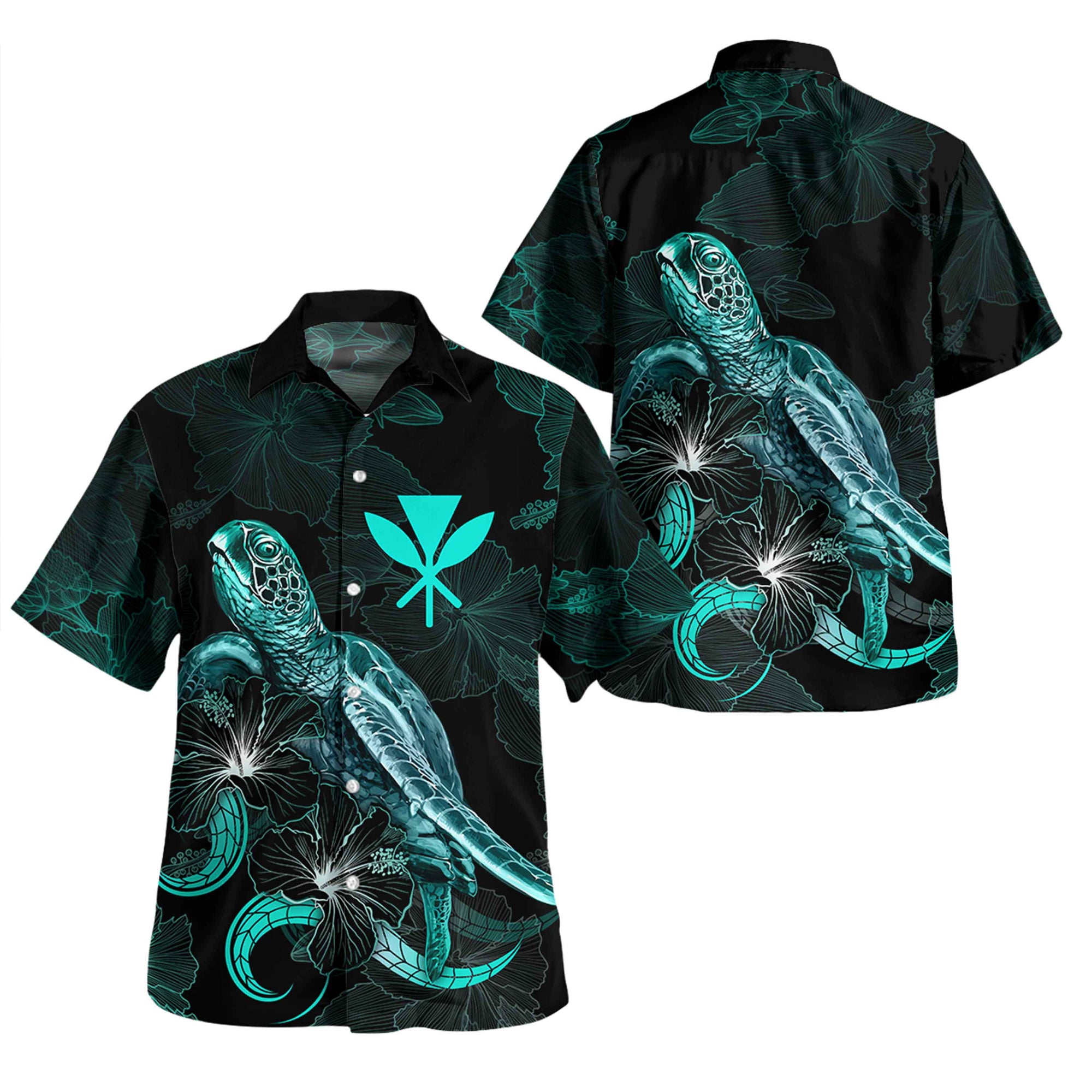 Hawaii Short Sleeve Shirt - Custom Hawaii Kanaka Maoli With Polynesian Turtle Blooming Hibiscus Turquoise Unisex Turquoise - Polynesian Pride