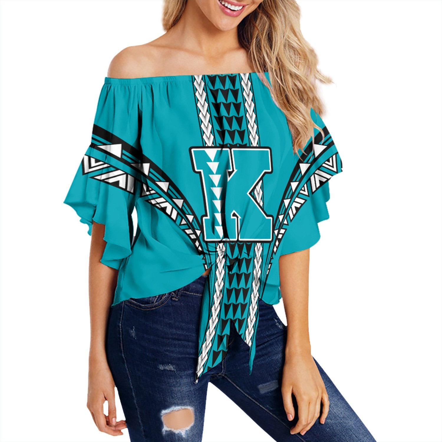 Hawaii - King Kekaulike HI Off Shoulder Waist Wrap Top AH Female Turquoise - Polynesian Pride