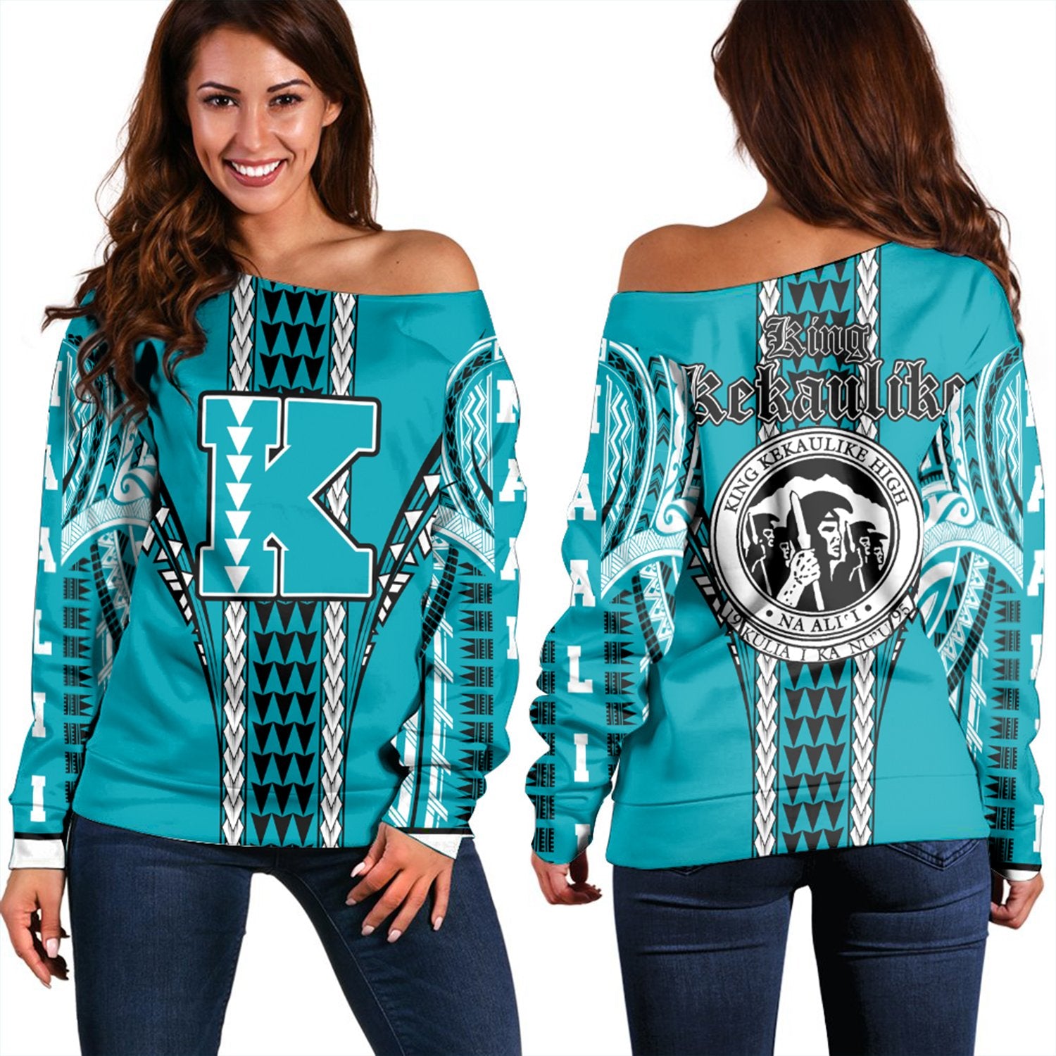 Hawaii - King Kekaulike High Women's Off Shoulder Sweatshirt AH Turquoise - Polynesian Pride