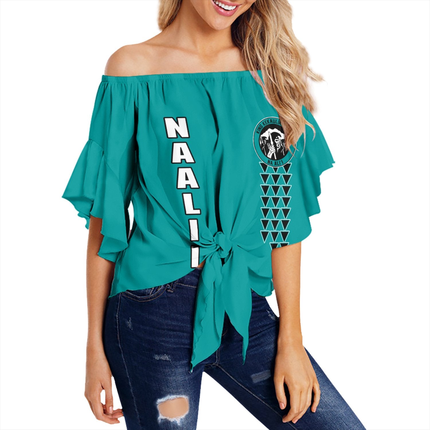 (Personalised) Hawaii - King Kekaulike High Custom Your Class Off Shoulder Waist Wrap Top AH Female Turquoise - Polynesian Pride