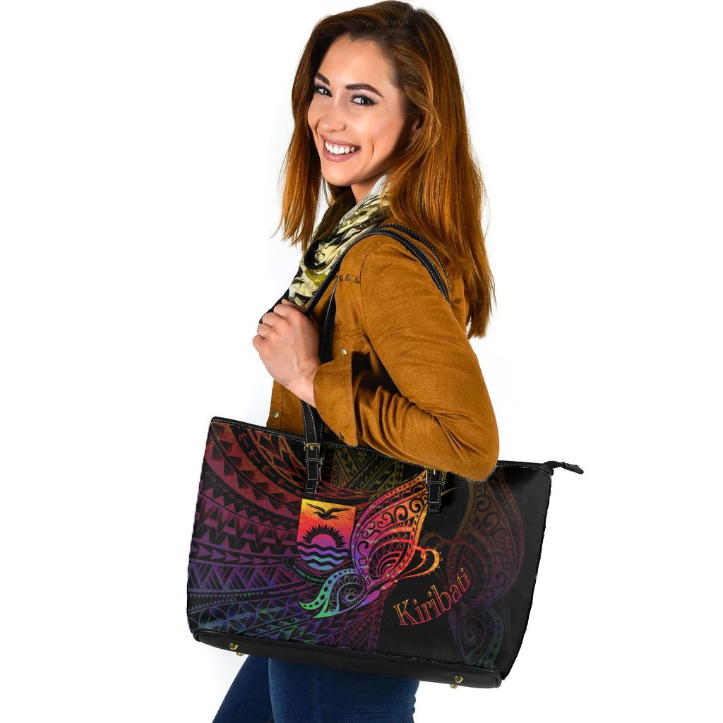 Kiribati Leather Tote - Butterfly Polynesian Style Black - Polynesian Pride