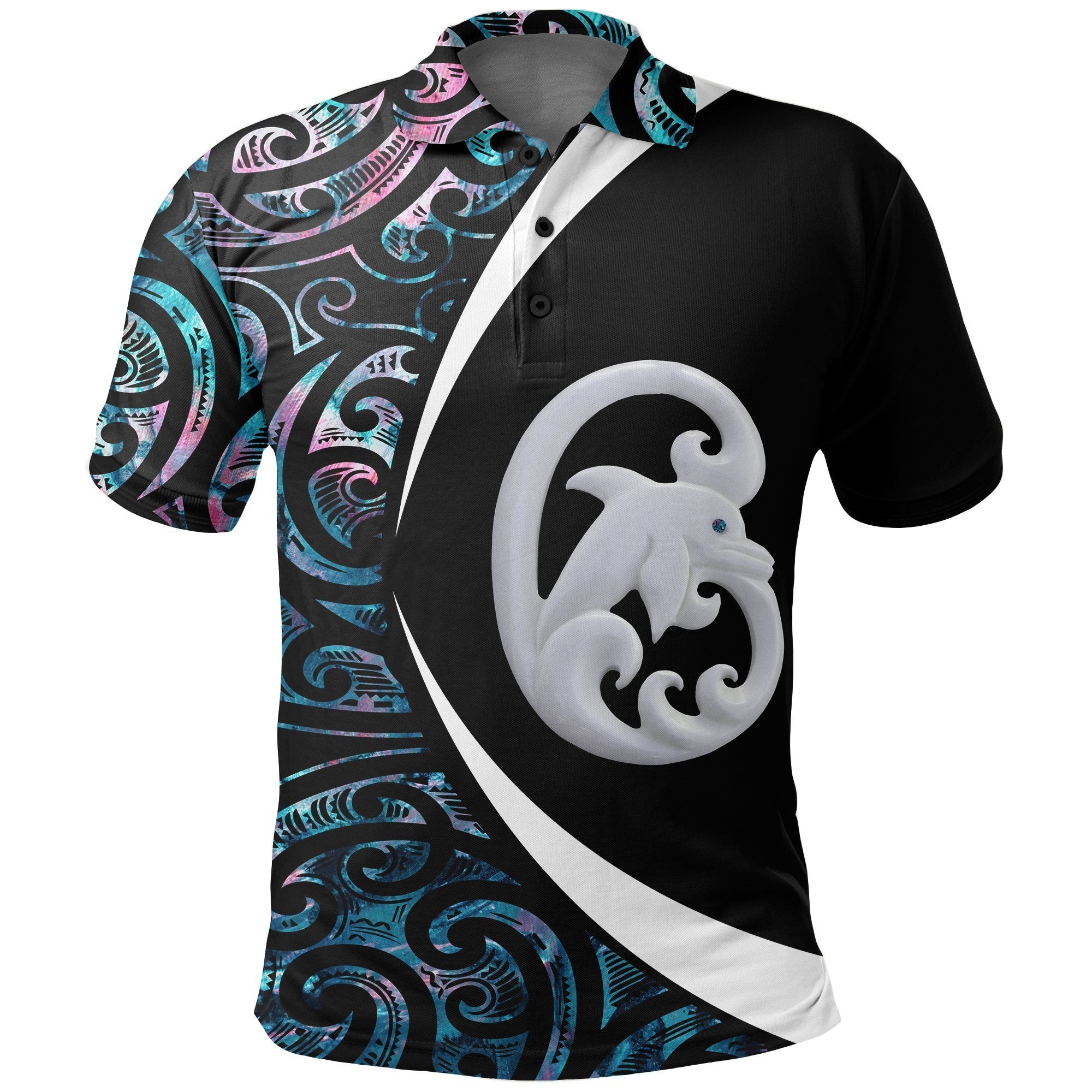 New Zealand Aotearoa Maori Dolphin Polo Shirt - Koru Aihe Paua Golf Shirts Unisex Black - Polynesian Pride