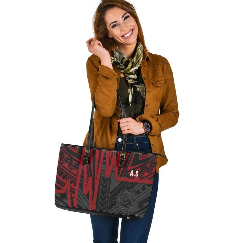American Samoa Large Leather Tote - Seal With Polynesian Pattern Heartbeat Style (Red) Red - Polynesian Pride