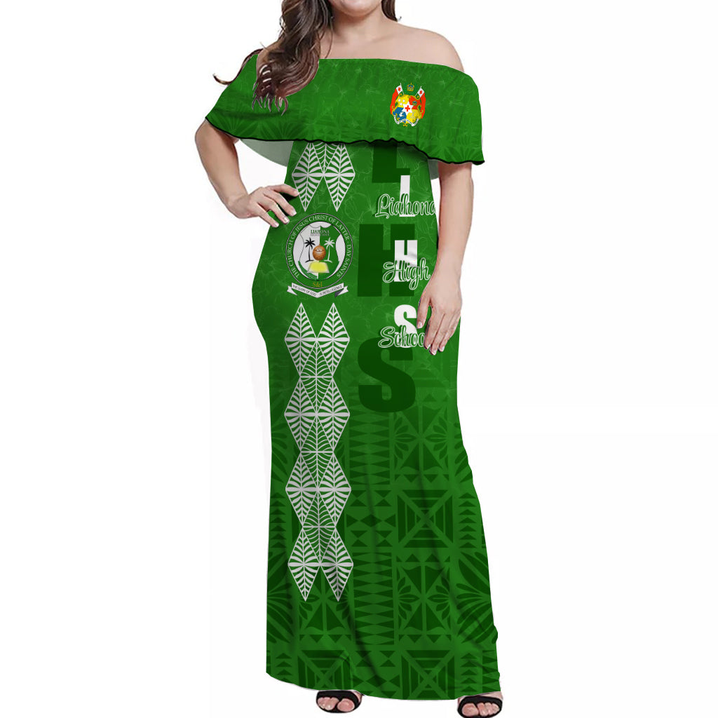 Tonga Liahona High School Hibiscus Off Shoulder Long Dress LHS Old Girls LT7 Long Dress Green - Polynesian Pride