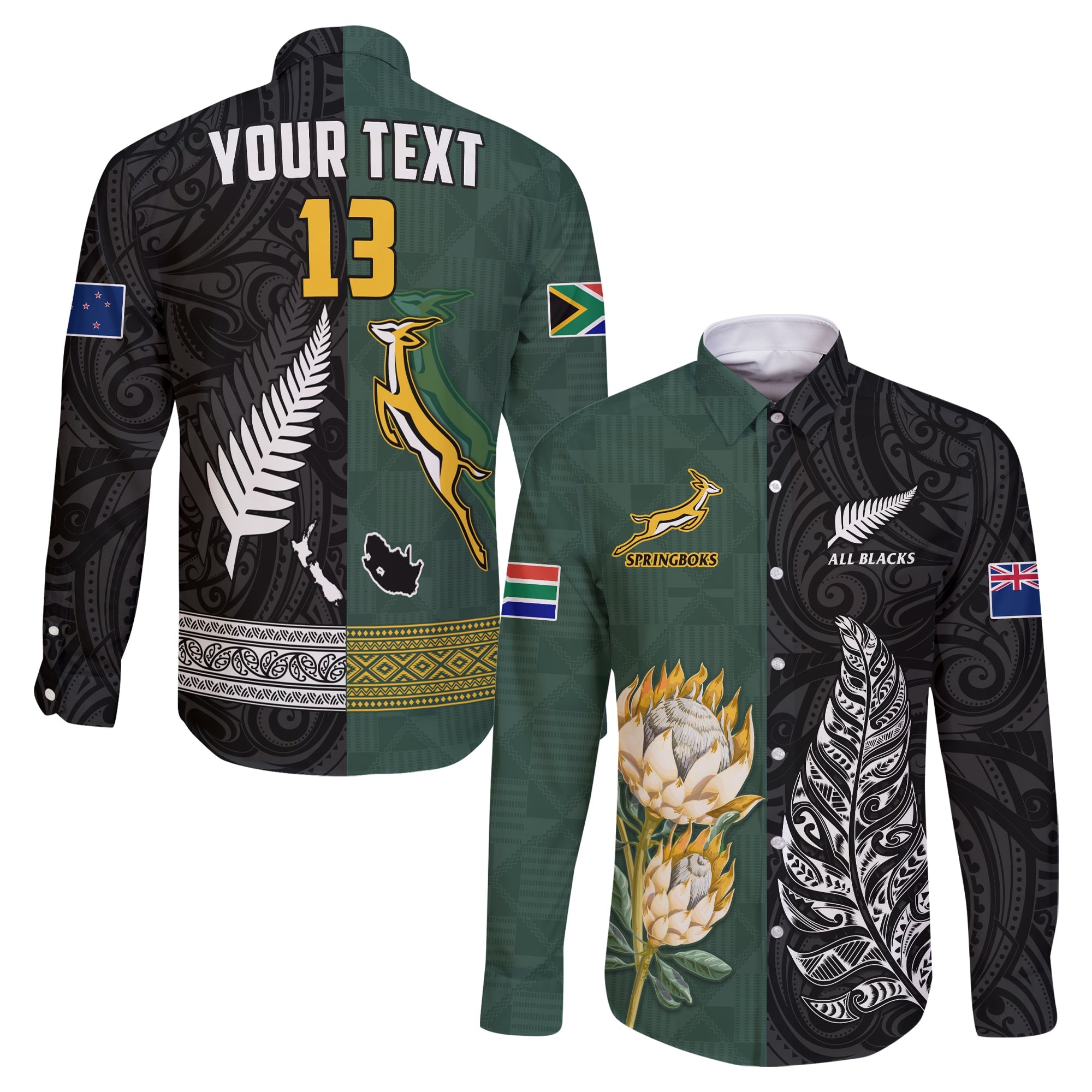 (Custom Text and Number) South Africa Protea and New Zealand Fern Long Sleeve Button Shirt Rugby Go Springboks vs All Black LT13 Unisex Art - Polynesian Pride