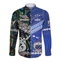 Samoa And New Zealand Hawaii Long Sleeve Button Shirt Together - Paua Shell LT8 Unisex Blue - Polynesian Pride