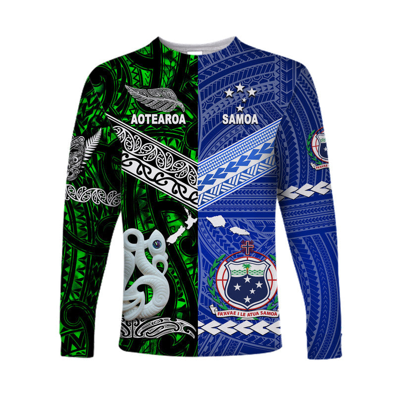 Samoa And New Zealand Long Sleeve Shirt Together - Green LT8 Unisex Green - Polynesian Pride