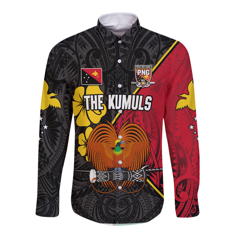 (Custom Text and Number) The Kumuls PNG Long Sleeve Button Shirt Papua New Guinea Polynesian Dynamic Style Black LT14 - Polynesian Pride