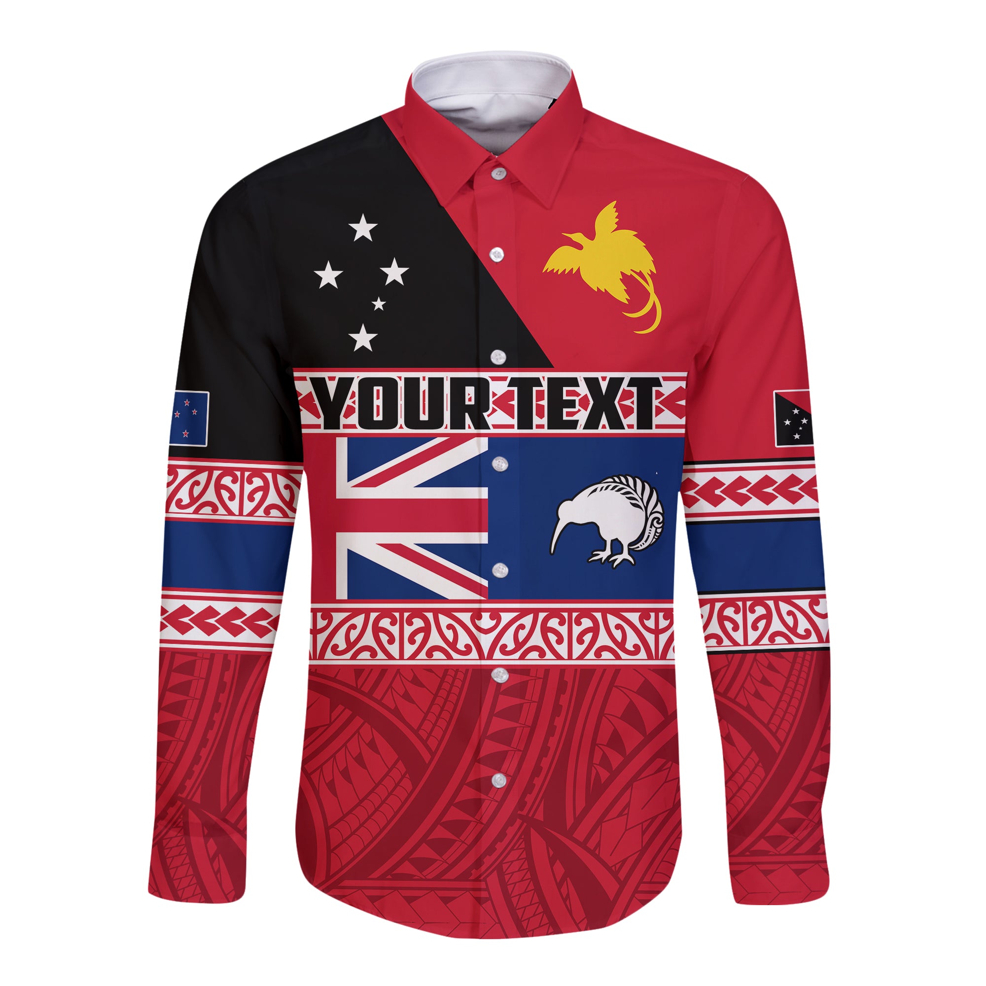 (Custom Personalised) Papua New Guinea and New Zealand Hawaii Long Sleeve Button Shirt Polynesian PNG and NZ LT13 Unisex Red - Polynesian Pride