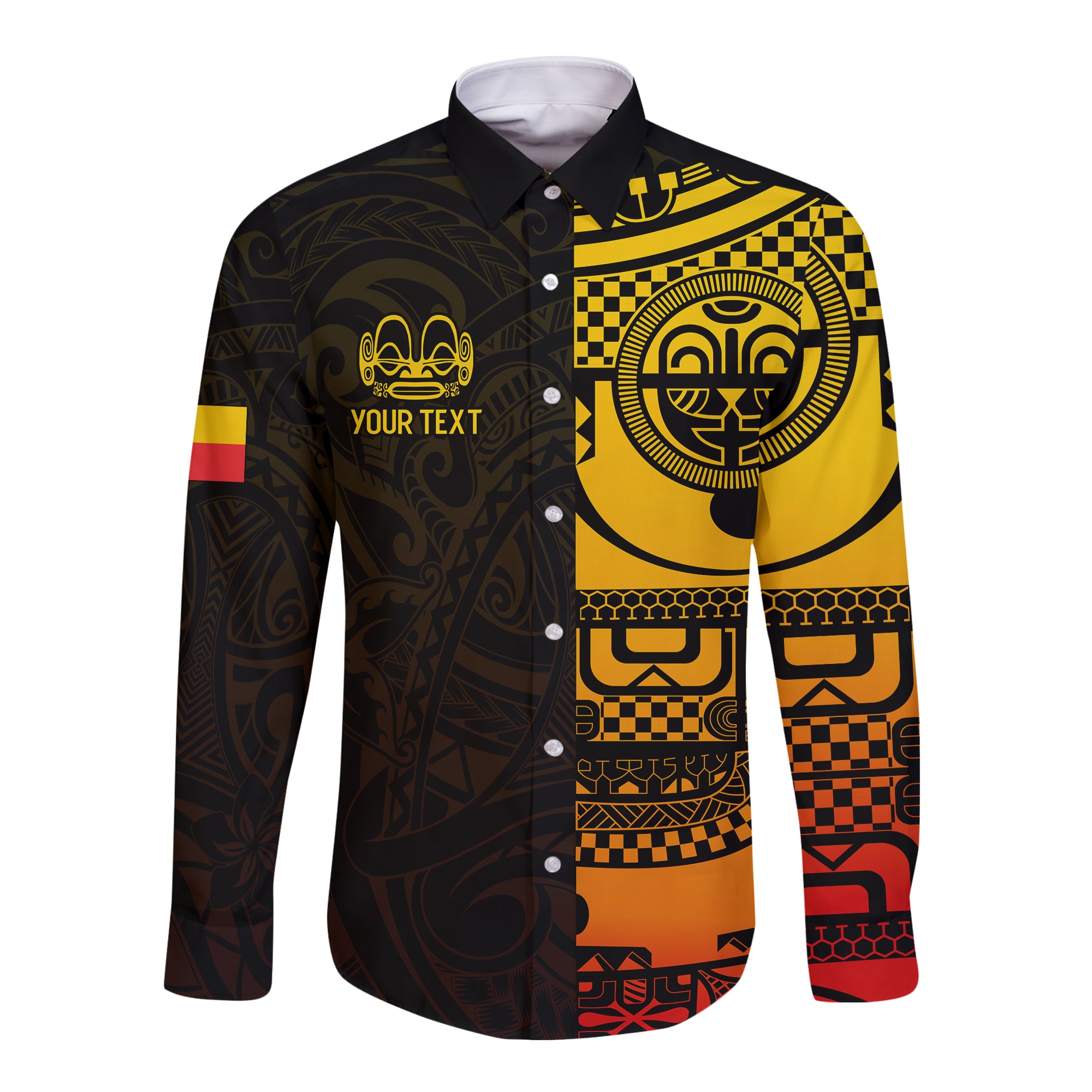 (Custom Personalised) Marquesas Islands Tiki Long Sleeve Button Shirt Gradient Marquesan Tattoo LT13 Unisex Black - Polynesian Pride