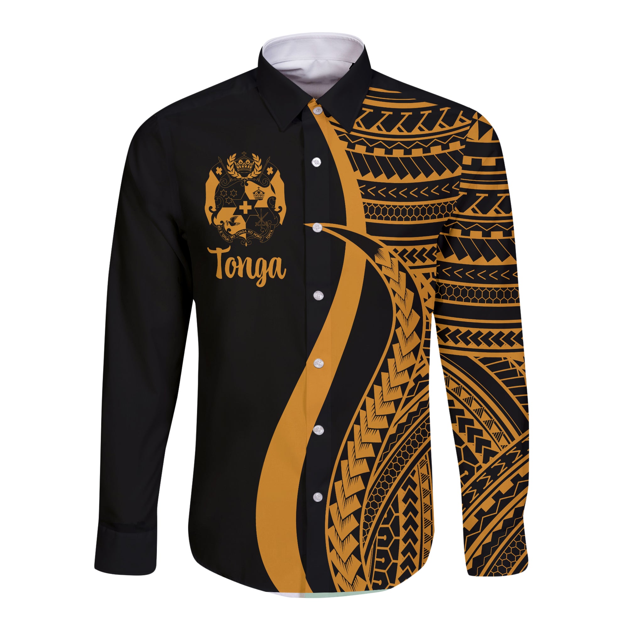 Tonga Hawaii Long Sleeve Button Shirt - Gold Polynesian Tentacle Tribal Pattern LT13