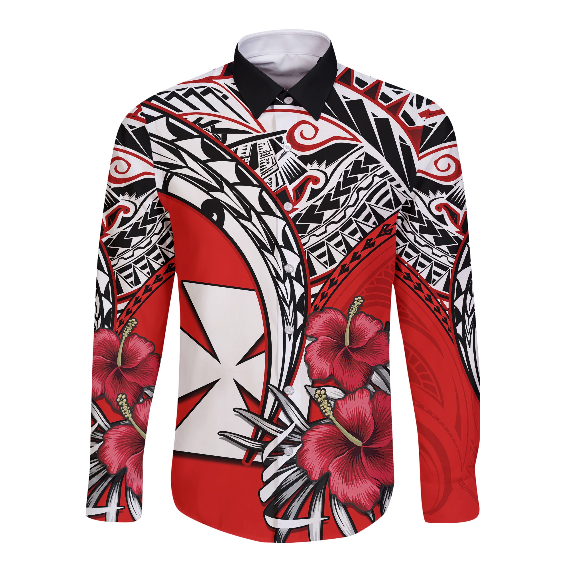 Wallis et Futuna Hawaii Long Sleeve Button Shirt Polynesian Pattern and Hibiscus Flowers Version Red LT13 Unisex Red - Polynesian Pride