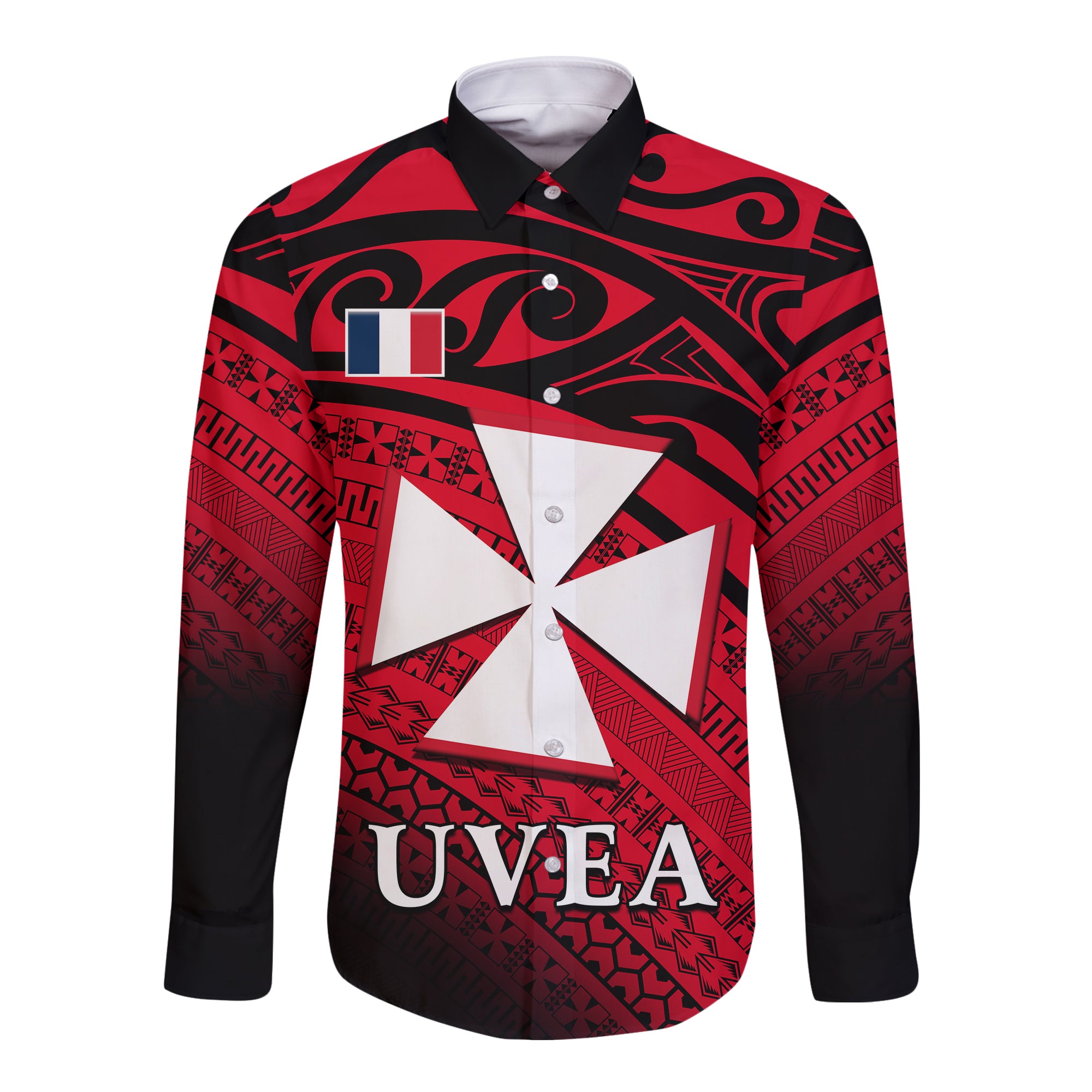 Uvea Chiefdom Wallis et Futuna Hawaii Long Sleeve Button Shirt Polynesian Pattern and Flag LT13 Unisex Red - Polynesian Pride