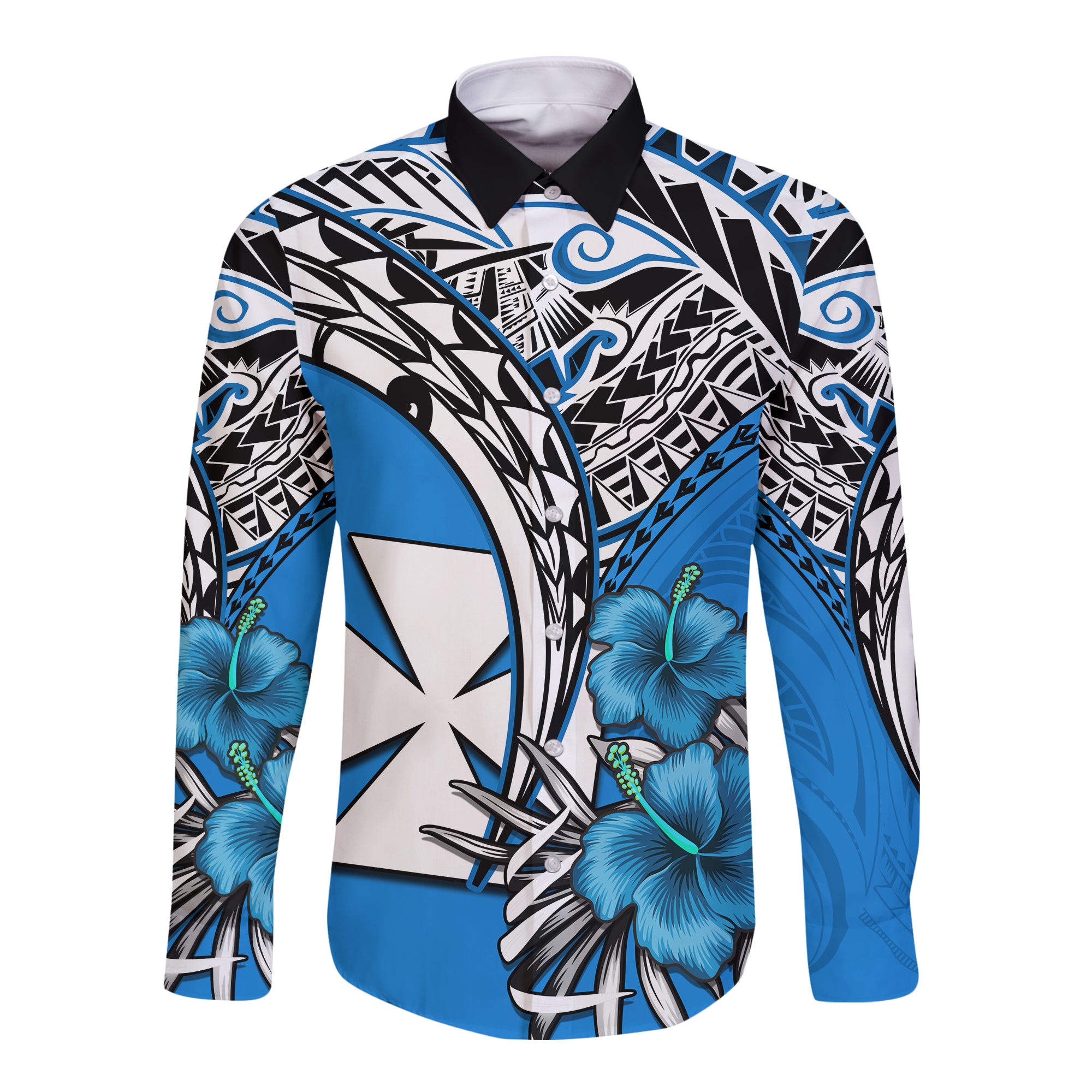 (Custom Personalised) Wallis et Futuna Hawaii Long Sleeve Button Shirt Polynesian Pattern and Hibiscus Flowers Version Blue LT13 Unisex Blue - Polynesian Pride