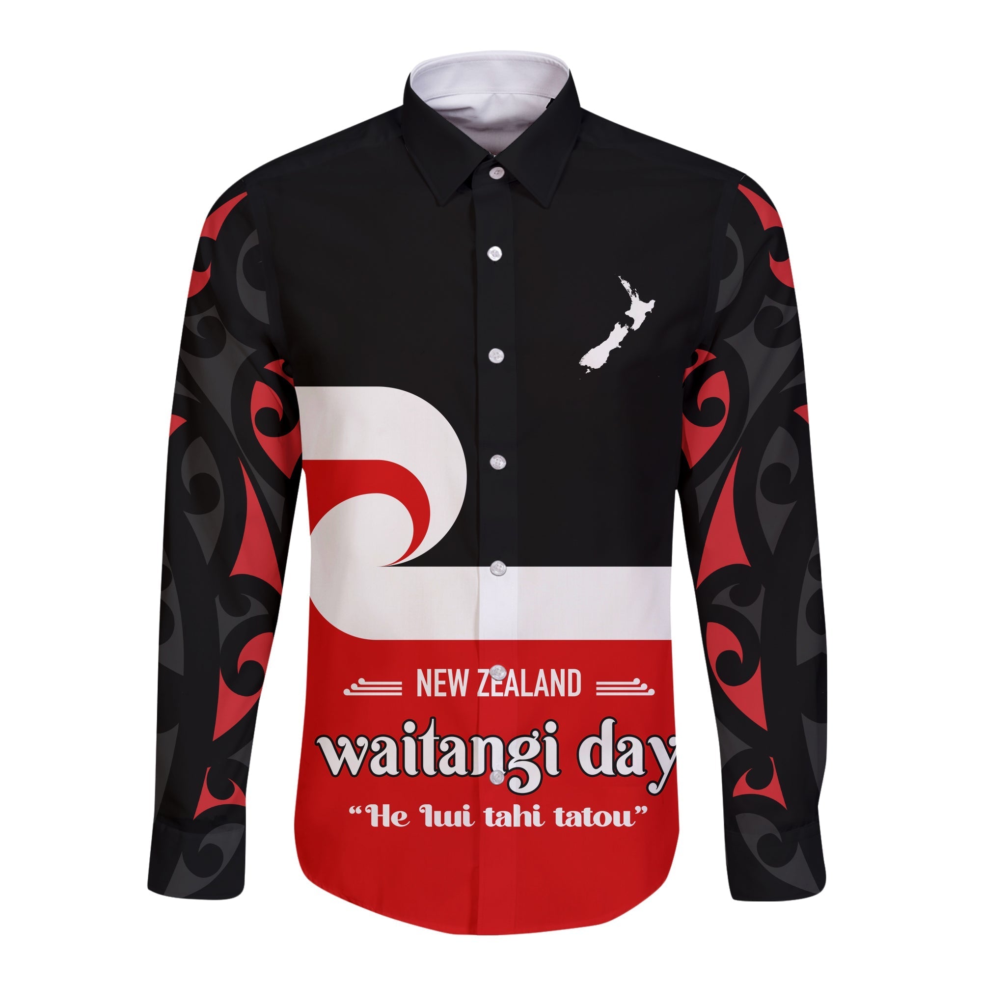 Waitangi Day Long Sleeve Button Shirt Maori Fern and Tino Rangatiratanga Flag LT13 Unisex Black - Polynesian Pride