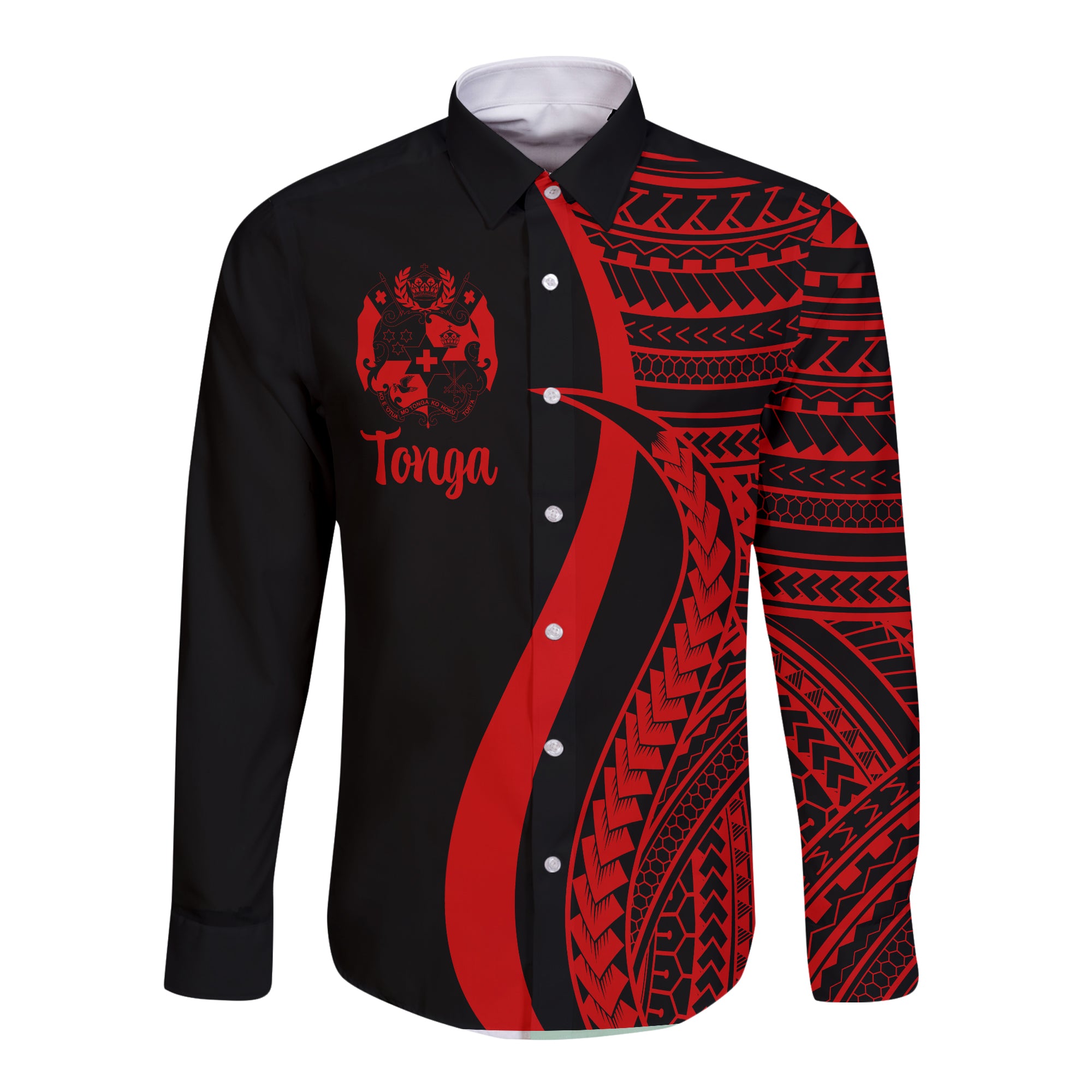 Tonga Hawaii Long Sleeve Button Shirt - Red Polynesian Tentacle Tribal Pattern LT13