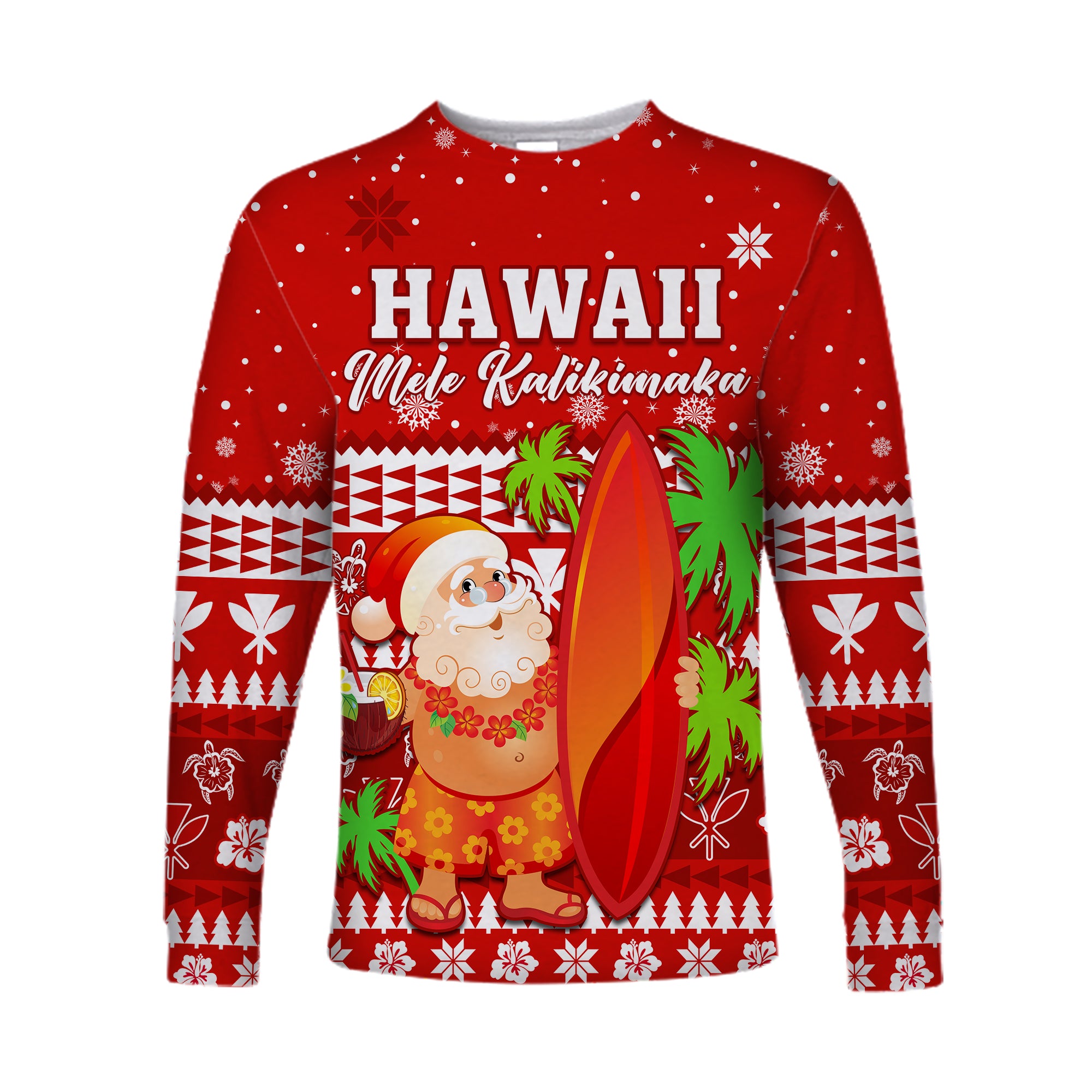 Mele Kalikimaka Long Sleeve Shirt Santa Claus Hawaii Christmas LT13 Unisex Red - Polynesian Pride