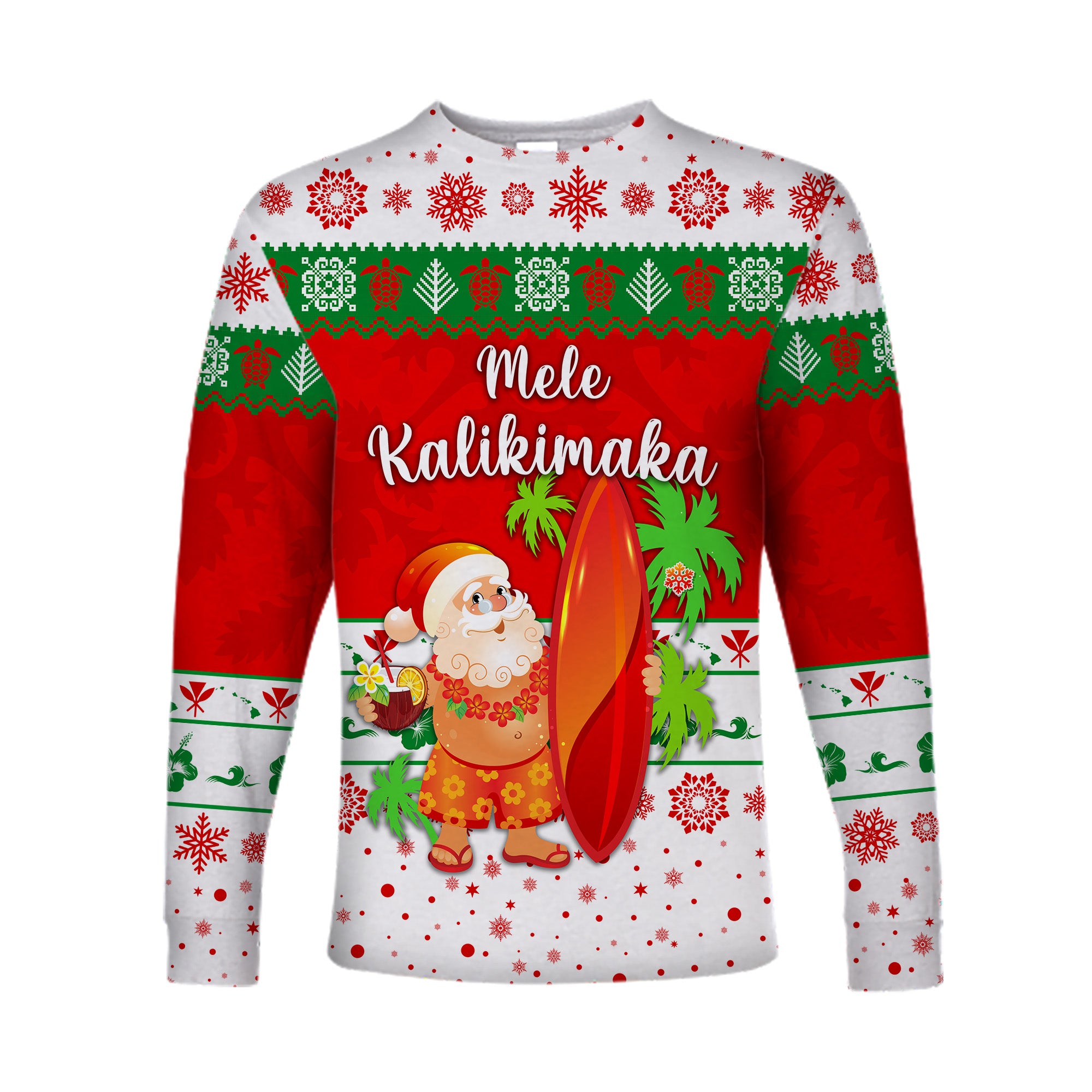 (Custom Personalised) Hawaii Christmas Long Sleeve Shirt Santa Claus Surfing Simple Style - White LT8 - Polynesian Pride