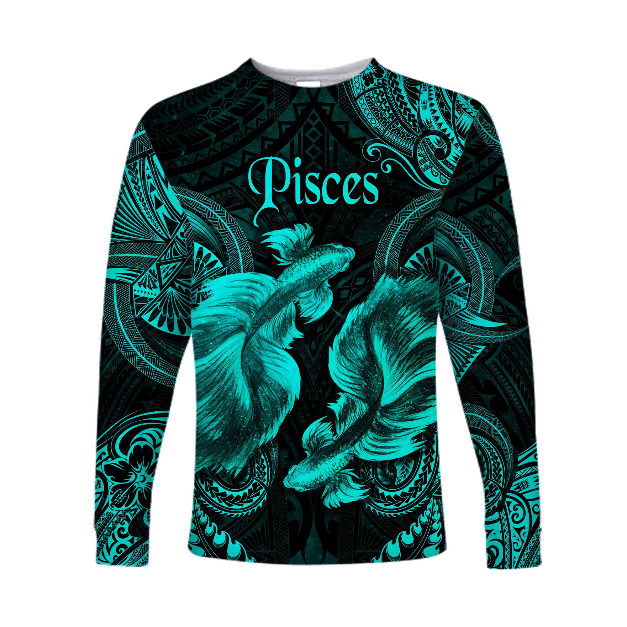 Pisces Zodiac Polynesian Long Sleeve Shirt Unique Style - Turquoise LT8 Unisex Turquoise - Polynesian Pride