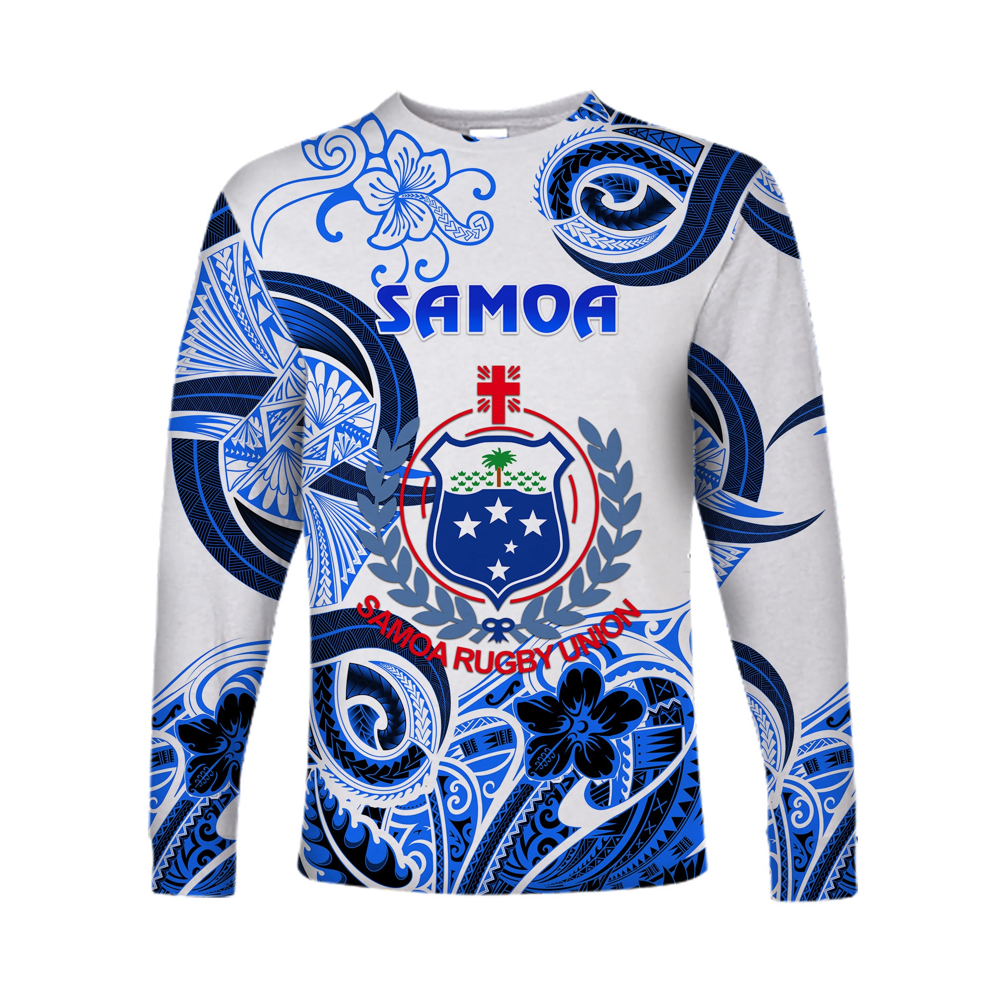 (Custom Personalised) Samoa Manu Long Sleeve Shirt Rugby Unique Style - White LT8 Unisex Blue - Polynesian Pride