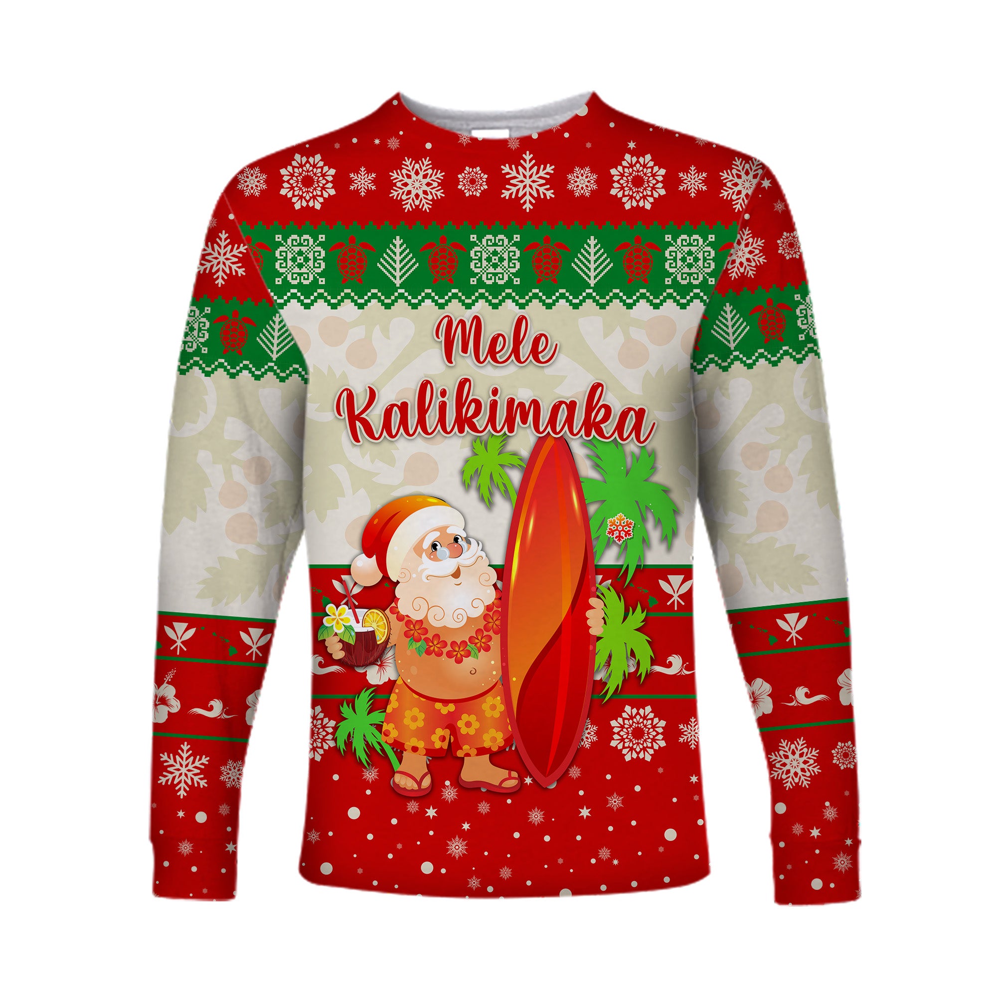 (Custom Personalised) Hawaii Christmas Long Sleeve Shirt Santa Claus Surfing Simple Style - Beige Red LT8 - Polynesian Pride