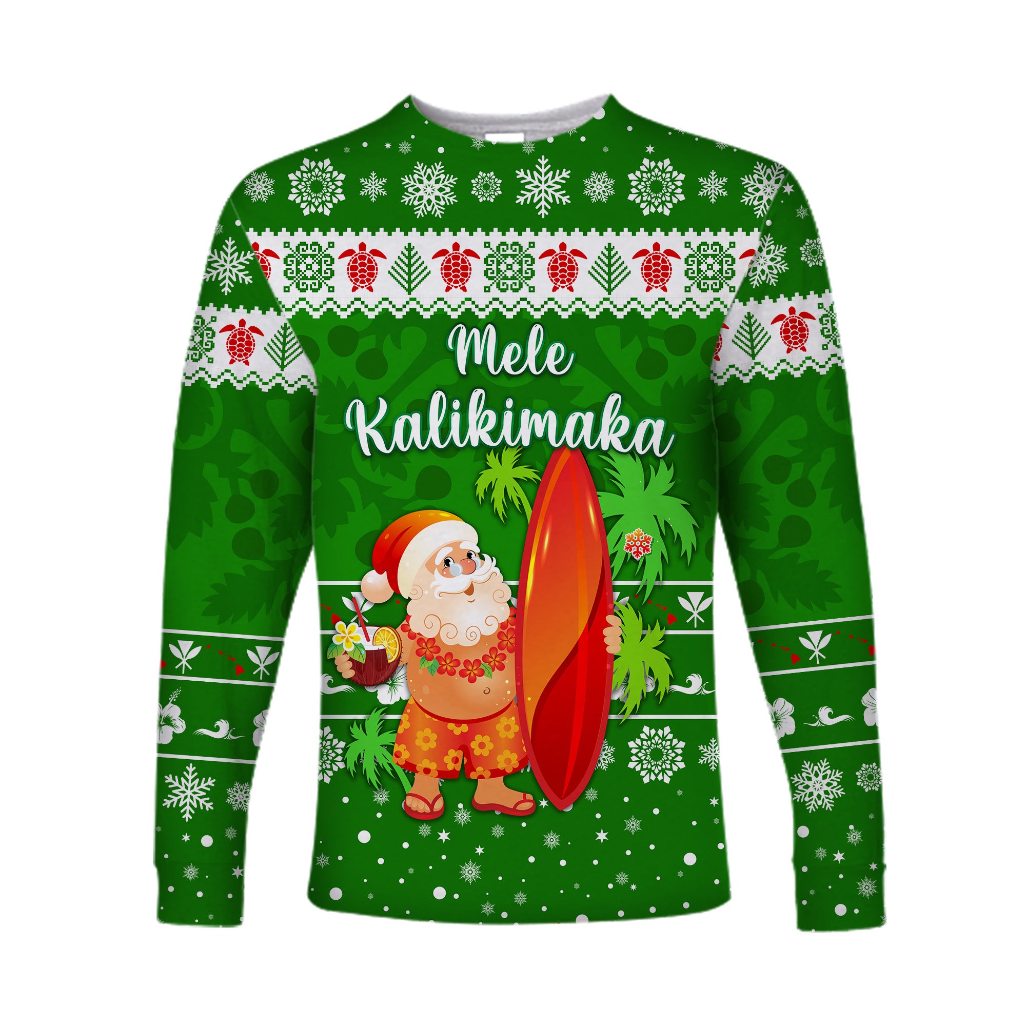 (Custom Personalised) Hawaii Christmas Long Sleeve Shirt Santa Claus Surfing Simple Style - Green LT8 - Polynesian Pride