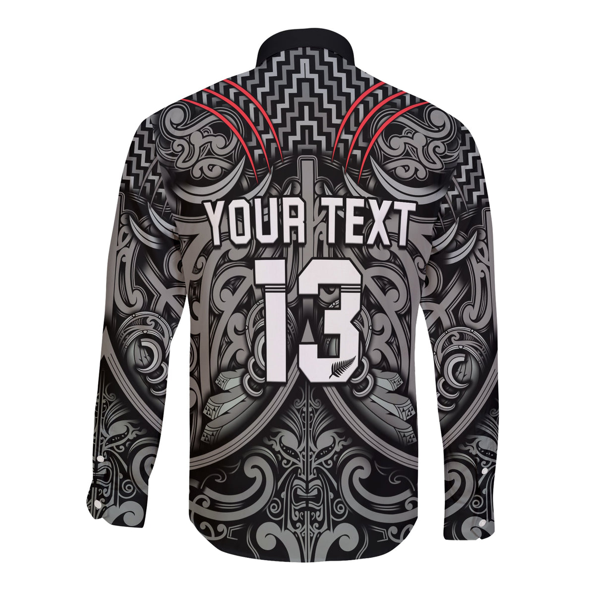 (Custom Text and Number) New Zealand Silver Fern Rugby Long Sleeve Button Shirt All Black NZ Maori Pattern LT13 - Polynesian Pride