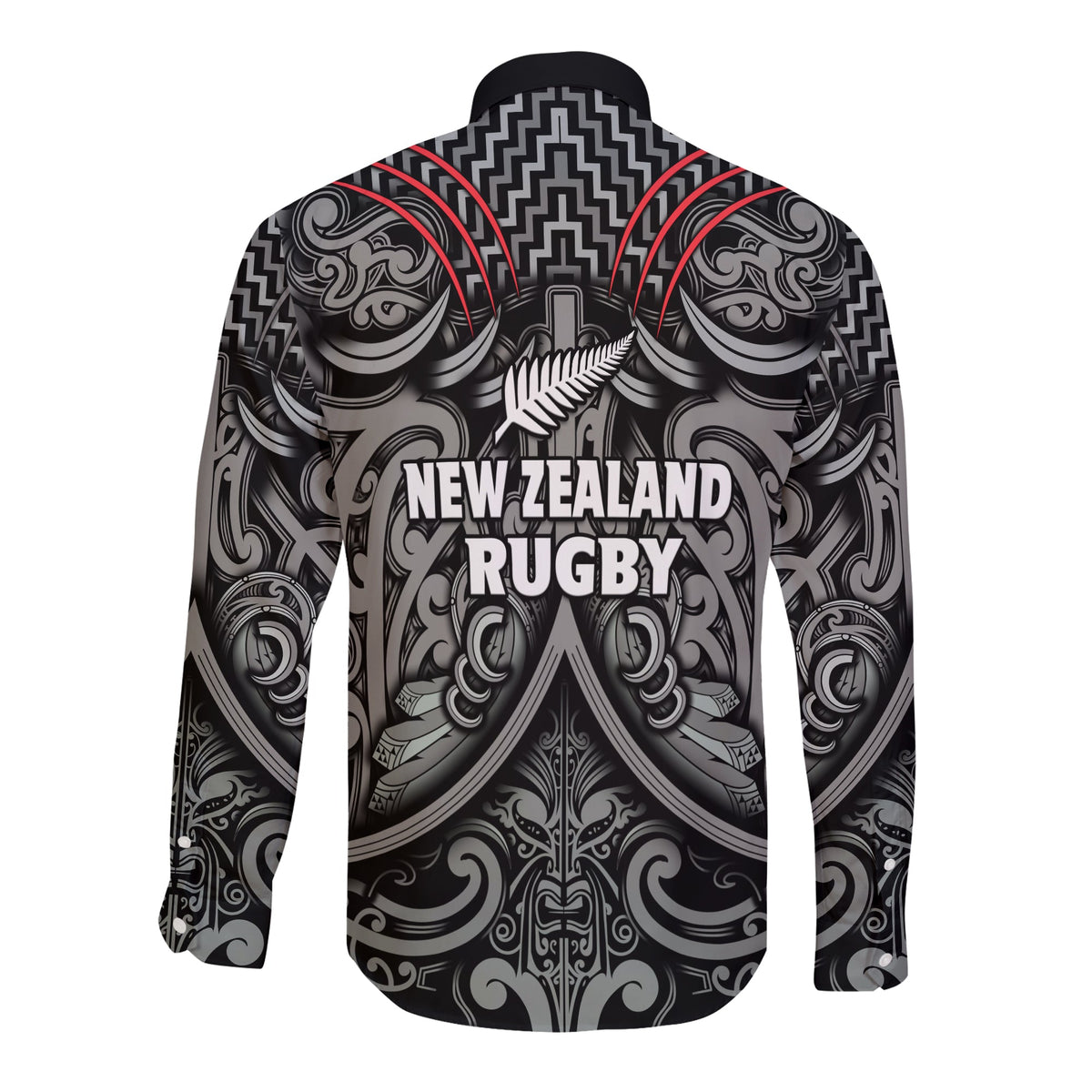 New Zealand Silver Fern Rugby Long Sleeve Button Shirt All Black NZ Maori Pattern LT13 - Polynesian Pride