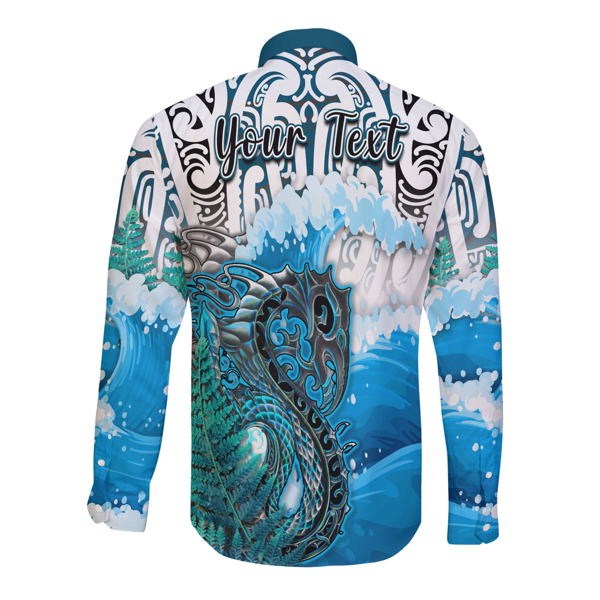 (Custom Personalised) Manaia Maori Long Sleeve Button Shirt Fern Aotearoa Blue Waves LT13 - Polynesian Pride