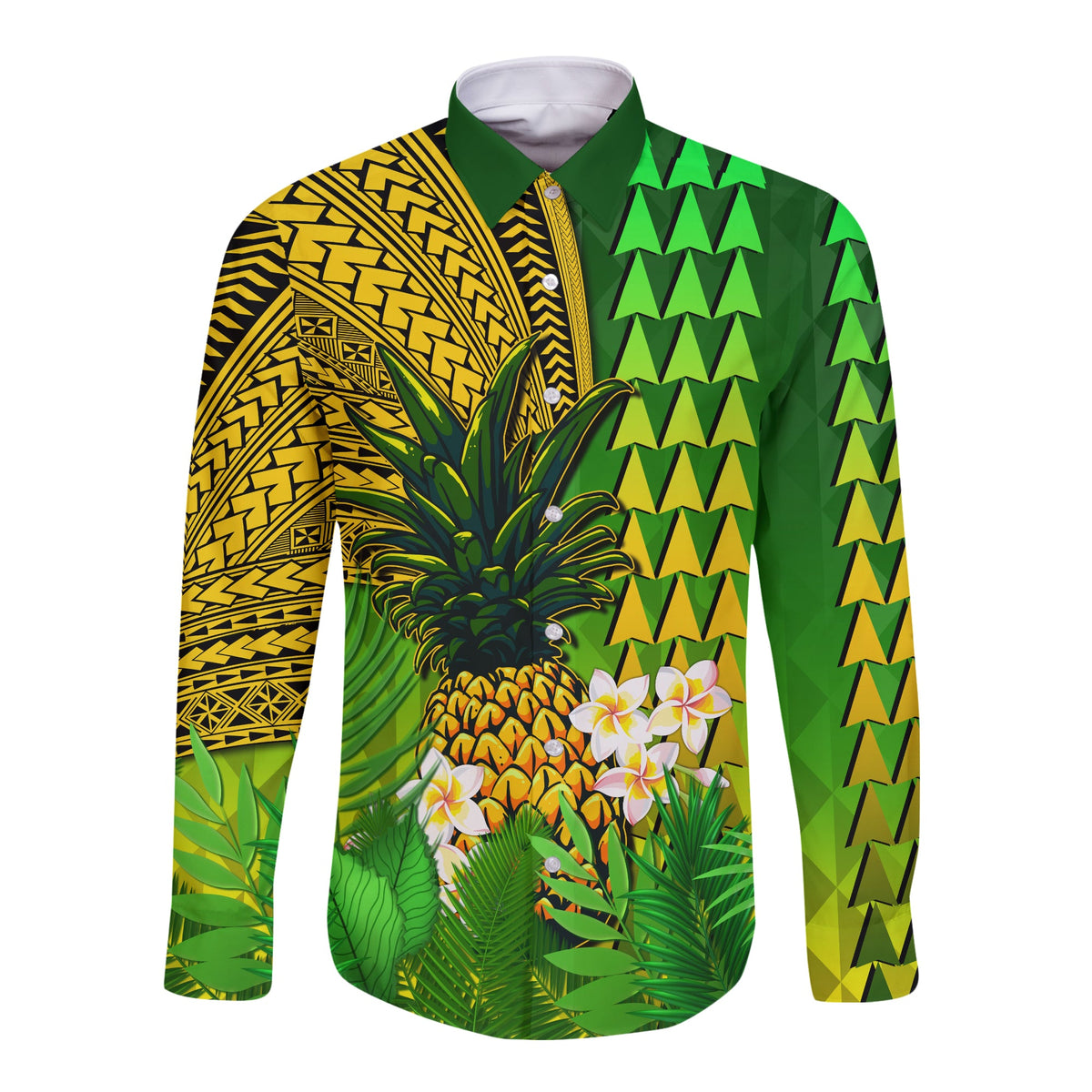 (Custom Personalised) Hawaii Pineapple Long Sleeve Button Shirt Plumeria Frangipani Mix Tribal Pattern LT13 - Polynesian Pride