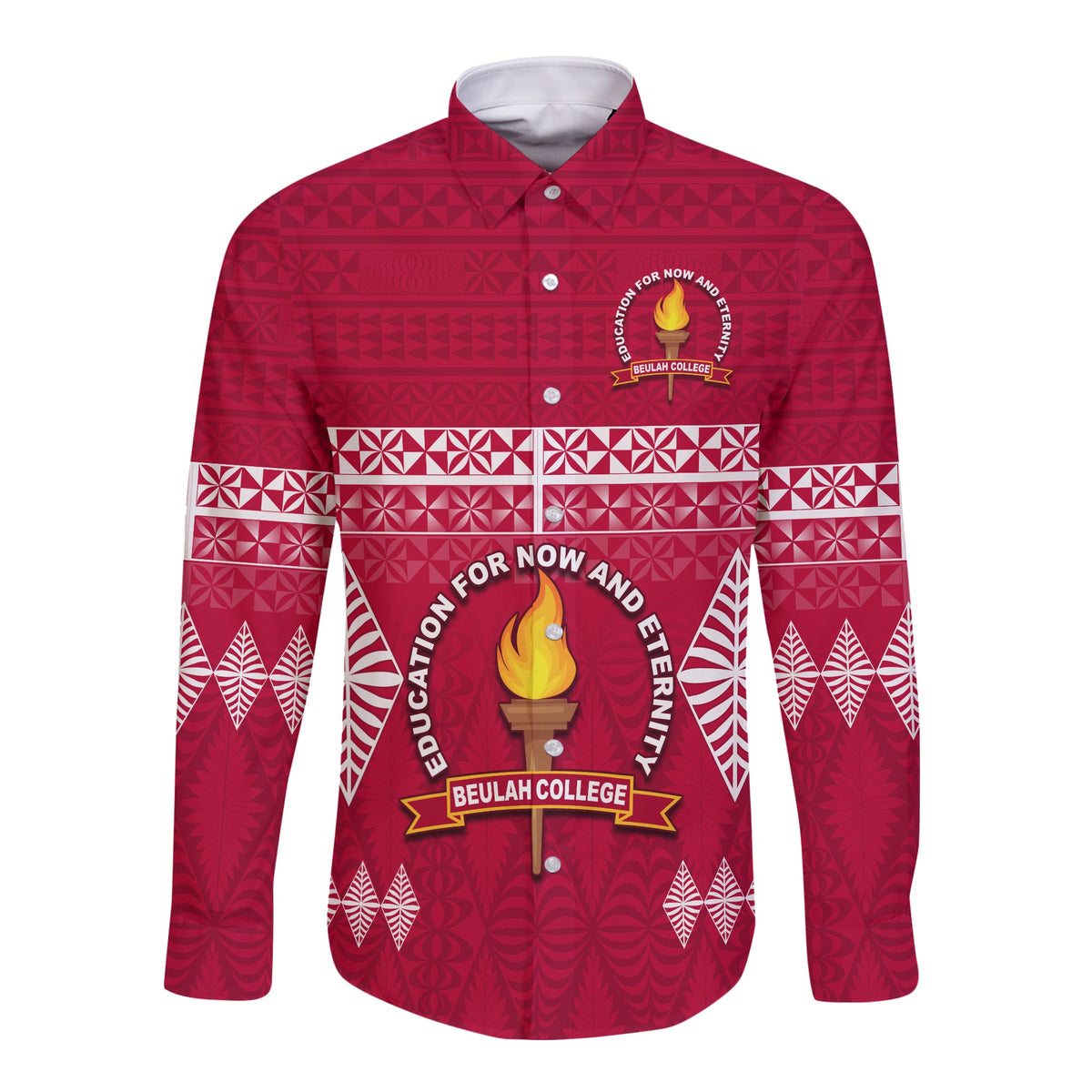 (Custom Text and Number) Beulah College Long Sleeve Button Shirt Ngatu Pattern Tonga LT13 - Polynesian Pride