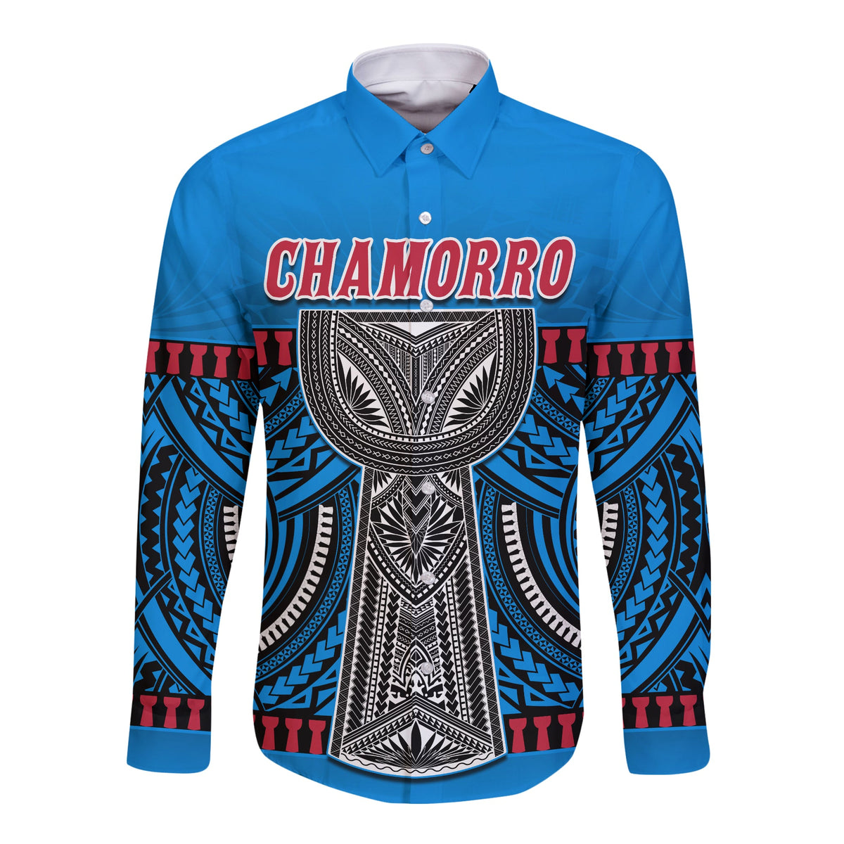 (Custom Personalised) Guam Chamorro Long Sleeve Button Shirt Latte Stone Blue Polynesian Haligi LT13 - Polynesian Pride