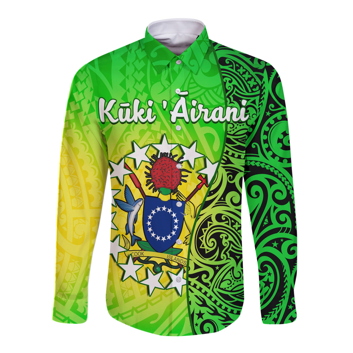 Cook Islands Long Sleeve Button Shirt Cook Islands Coat Of Arms Turtle Polynesian LT14 Unisex Green - Polynesian Pride