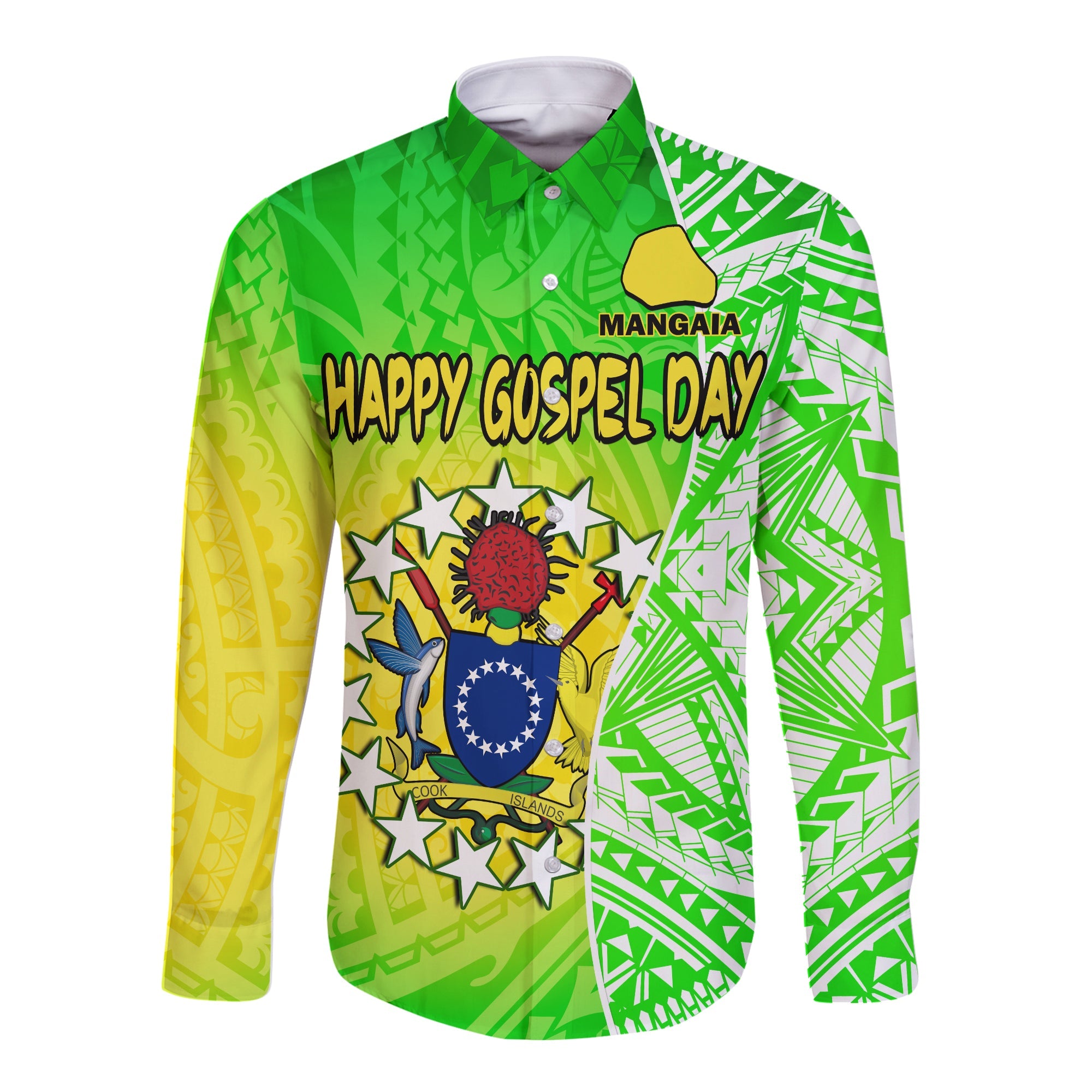 Happy Mangaia Gospel Day Long Sleeve Button Shirt Cook Islands Coat Of Arms Polynesian Pattern LT14 Unisex Green - Polynesian Pride