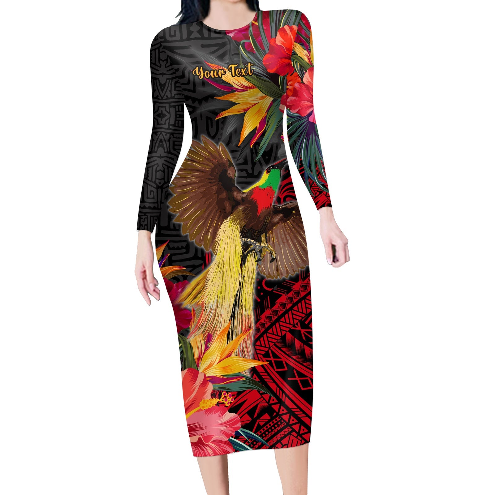 (Custom Personalised) Papua New Guinea Long Sleeves Dress Bird of Paradise Ver.01 LT13 Polyester/spandex Black - Polynesian Pride