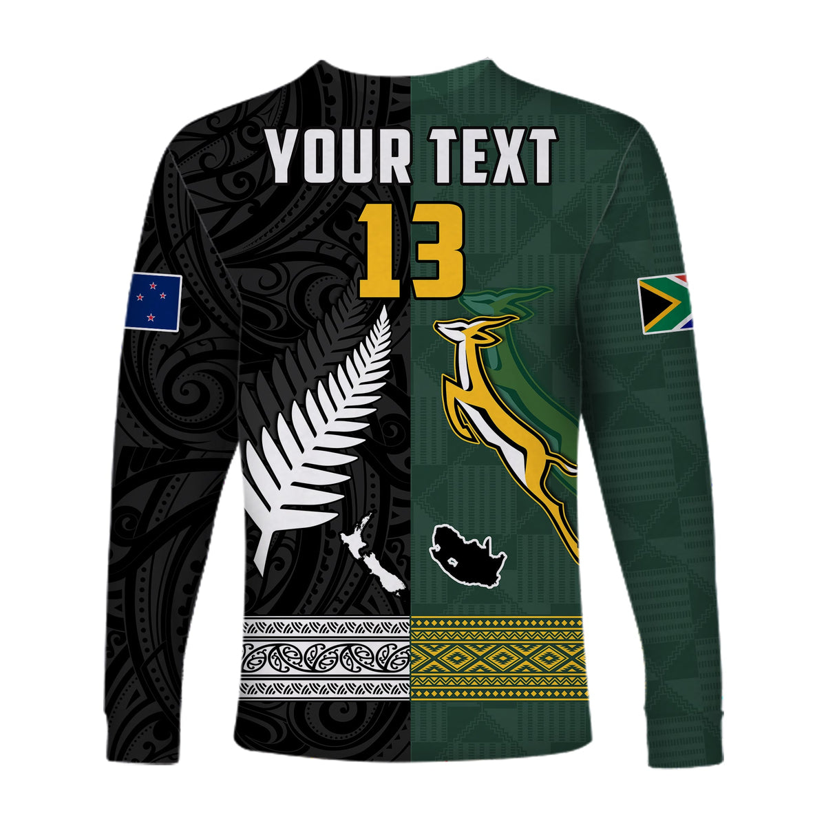 (Custom Text and Number) South Africa Protea and New Zealand Fern Long Sleeve Shirt Rugby Go Springboks vs All Black LT13 - Polynesian Pride