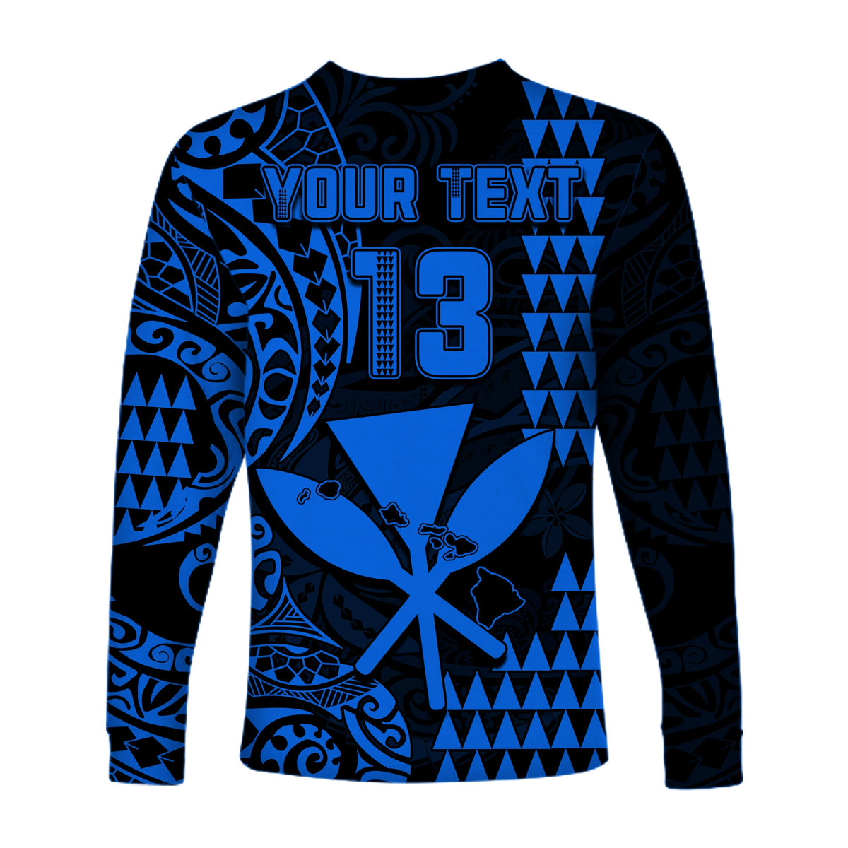 (Custom Text and Number) Hawaii Day Kakau Long Sleeve Shirt Proud To Be Hawaiian Blue King Kamehameha and Kanaka Maoli LT13 - Polynesian Pride