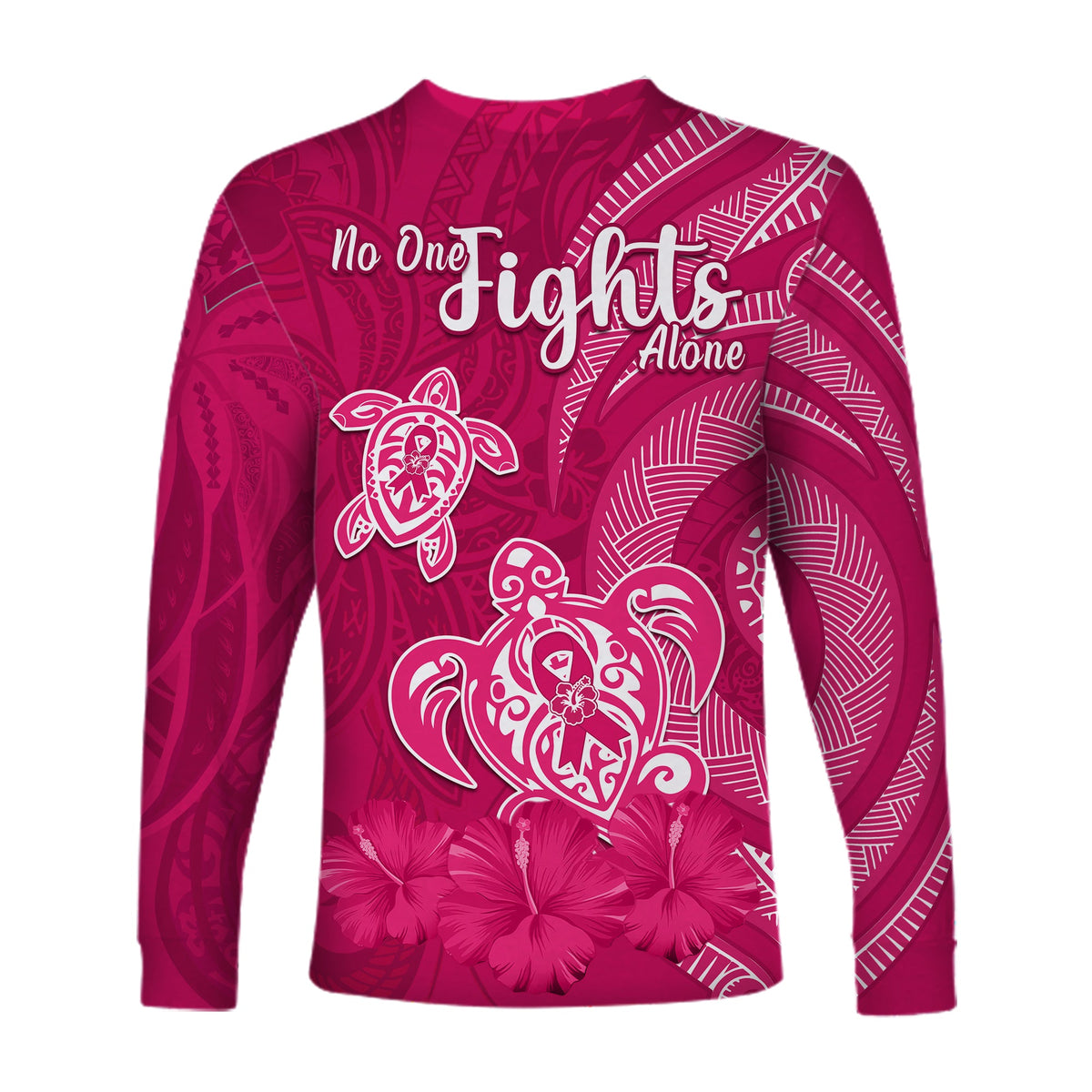 Breast Cancer Awareness Long Sleeve Shirt Hibiscus Polynesian No One Fights Alone LT13 - Polynesian Pride