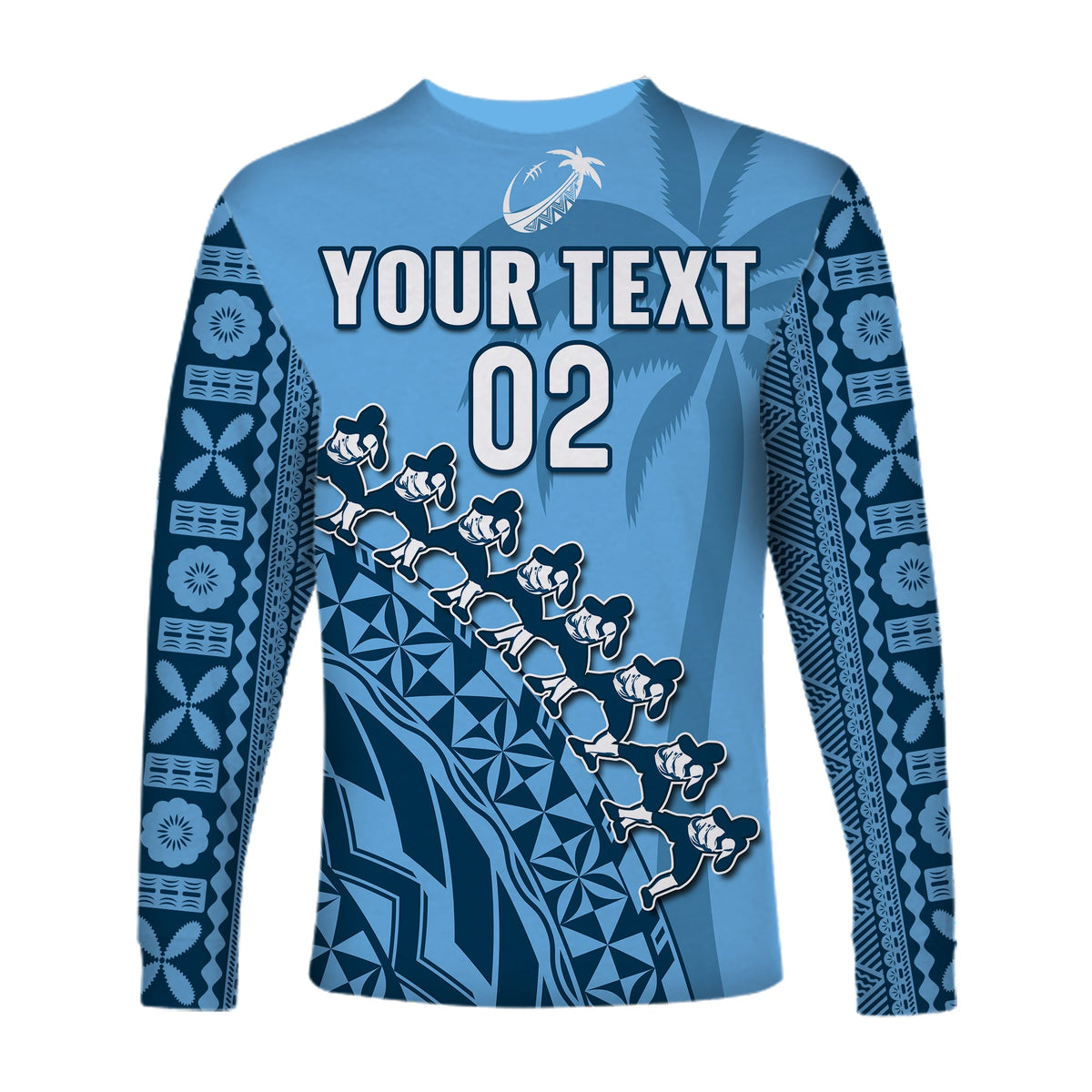 (Custom Text And Number) Fiji Tapa Rugby Long Sleeve Shirt Fijian Cibi Dance Tapa Pattern Blue LT14 - Polynesian Pride