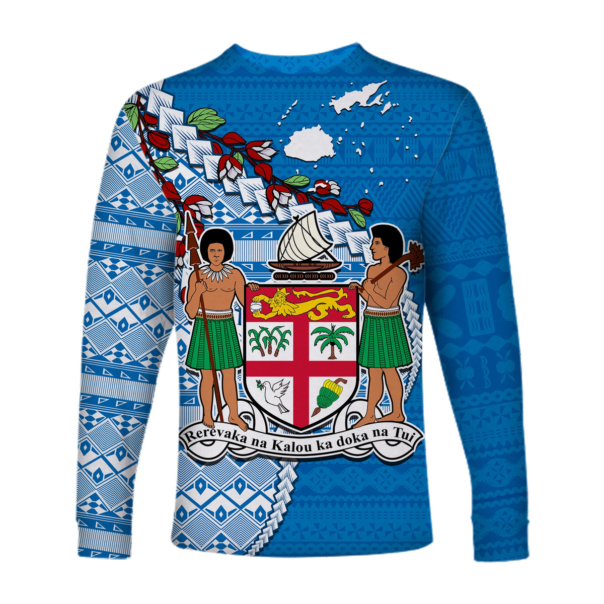 Fiji Long Sleeve Shirt Fijian Drua Mix Tagimaucia Flower Blue Style LT14 - Polynesian Pride