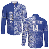 (Custom Text And Number) Tupou Tonga College Long Sleeve Button Shirt Class Of Year Tongan Ngatu Pattern LT14 Unisex Blue - Polynesian Pride