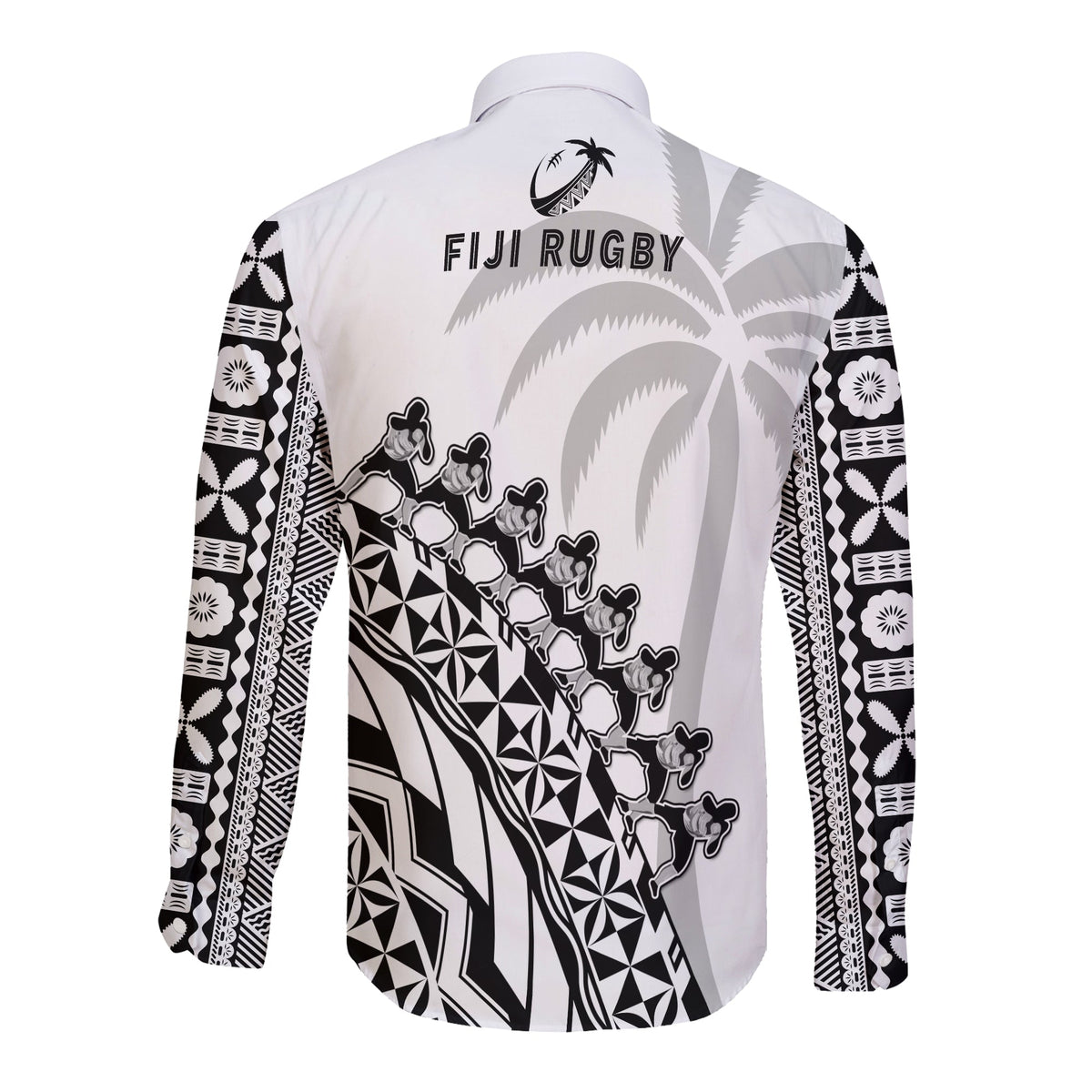 Fiji Rugby Long Sleeve Button Shirt Fijian Cibi Dance Tapa Pattern White LT14 - Polynesian Pride