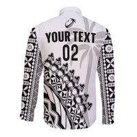 (Custom Text And Number) Fiji Rugby Long Sleeve Button Shirt Fijian Cibi Dance Tapa Pattern White LT14 - Polynesian Pride