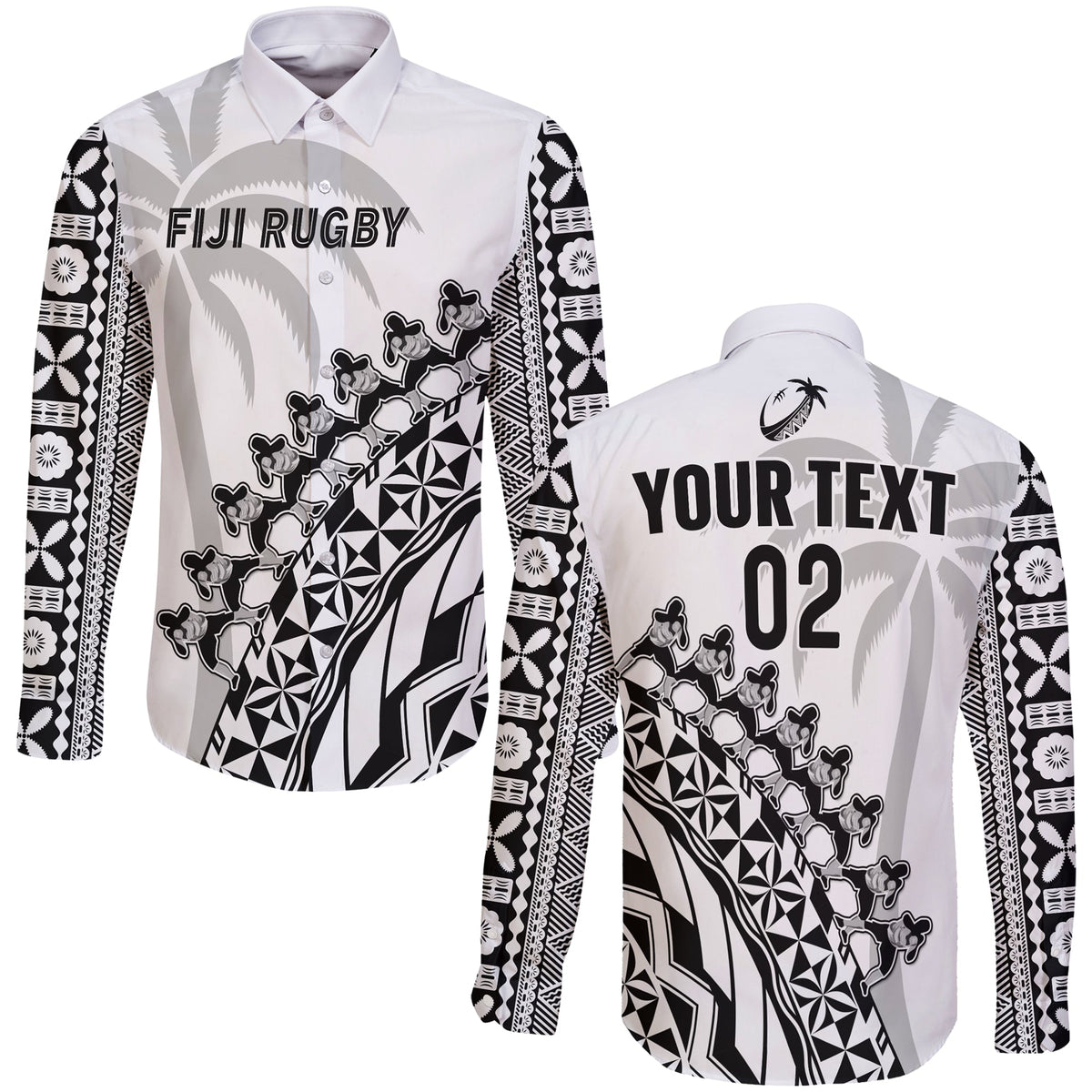 (Custom Text And Number) Fiji Rugby Long Sleeve Button Shirt Fijian Cibi Dance Tapa Pattern White LT14 Unisex White - Polynesian Pride
