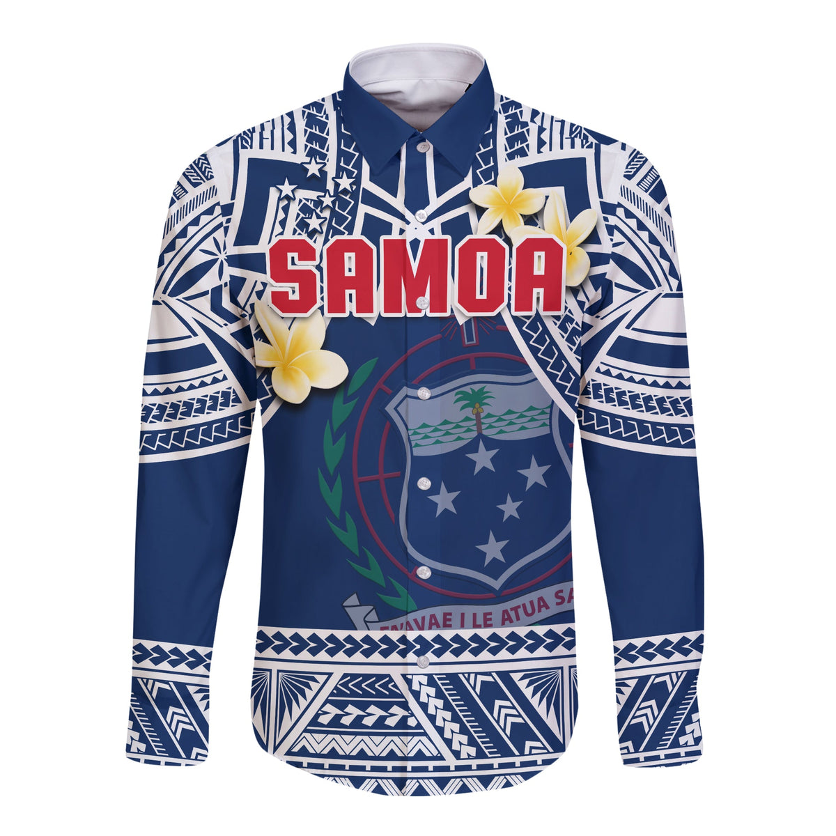 Samoa Long Sleeve Button Shirt Samoan Plumeria Flowers Mix Polynesian Pattern LT14 Unisex Blue - Polynesian Pride