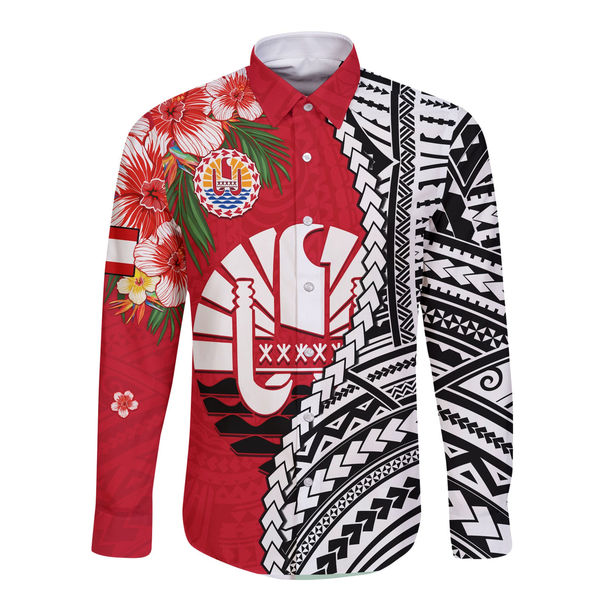 Tahiti Islands Long Sleeve Button Shirt Polynesian Shark Mix Tropical Flowers LT14 Unisex Red - Polynesian Pride