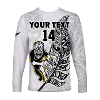 (Custom Text And Number) New Zealand Silver Fern Rugby Long Sleeve Shirt All Black Maori Version White LT14 - Polynesian Pride