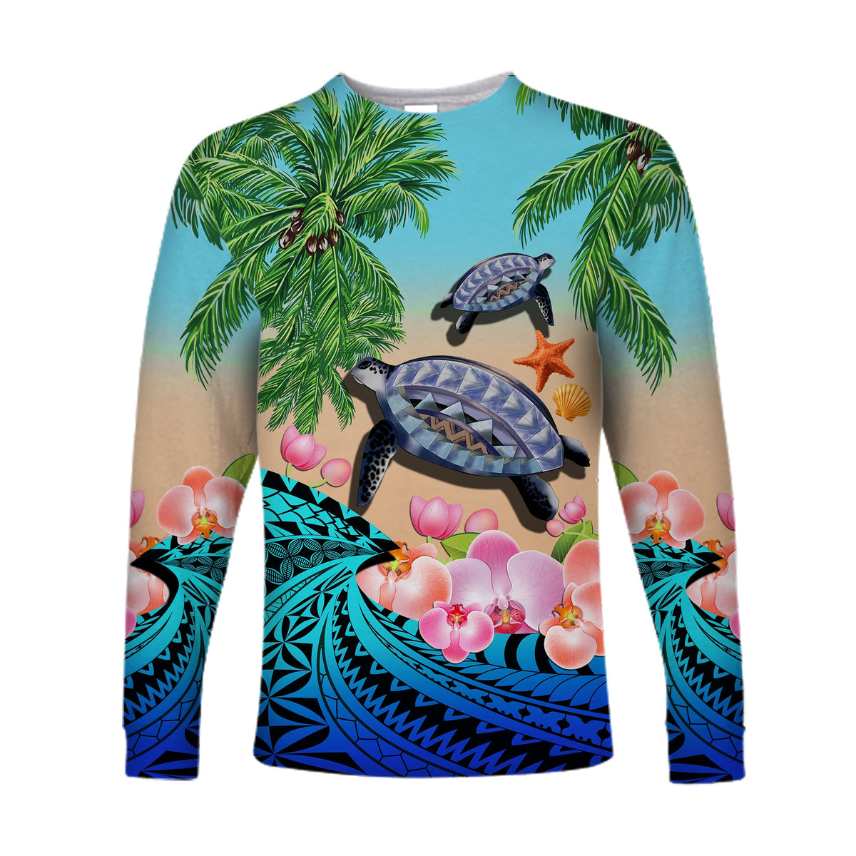 (Custom Personalised) Polynesian Turtle Coconut Tree And Orchids Long Sleeve Shirt LT14 - Polynesian Pride
