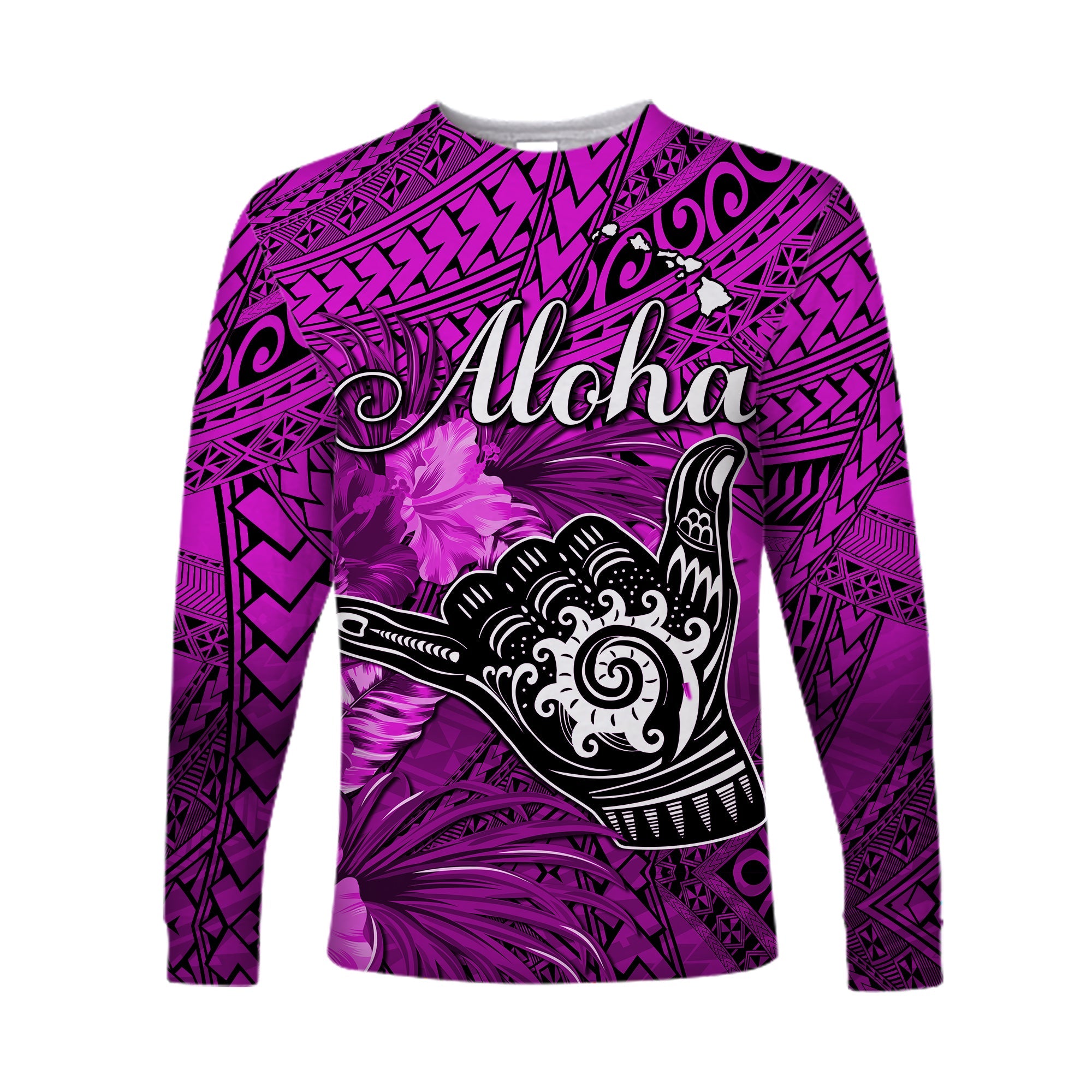 The Shaka Hawaii Long Sleeve Shirt Tropical Flowers Purple Version LT13 Unisex Purple - Polynesian Pride